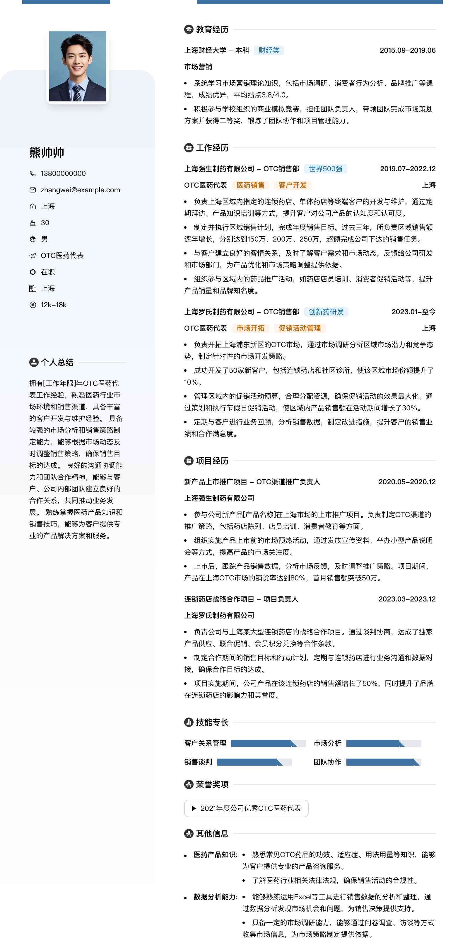 otc医药代表简历模板