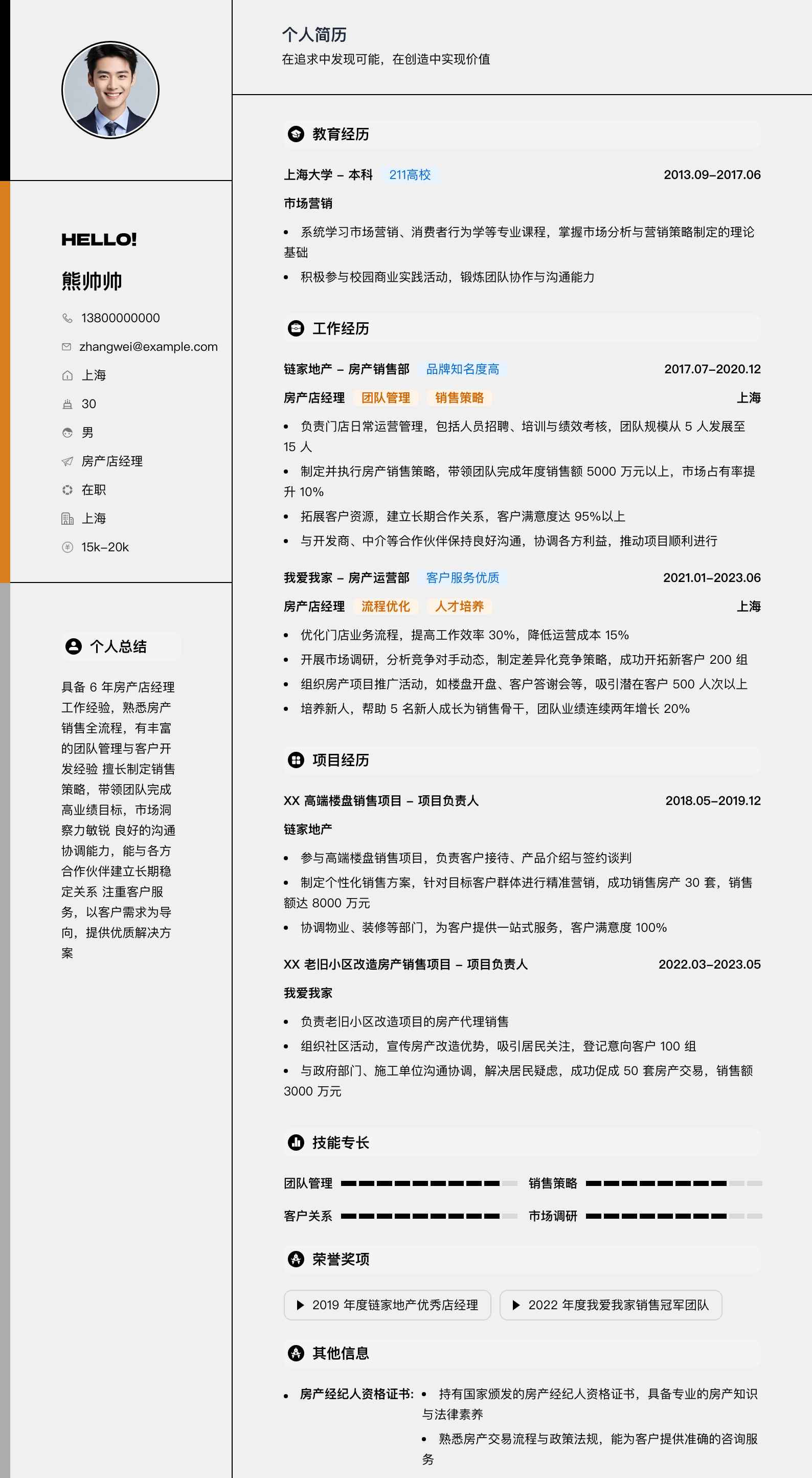 房产店经理简历模板