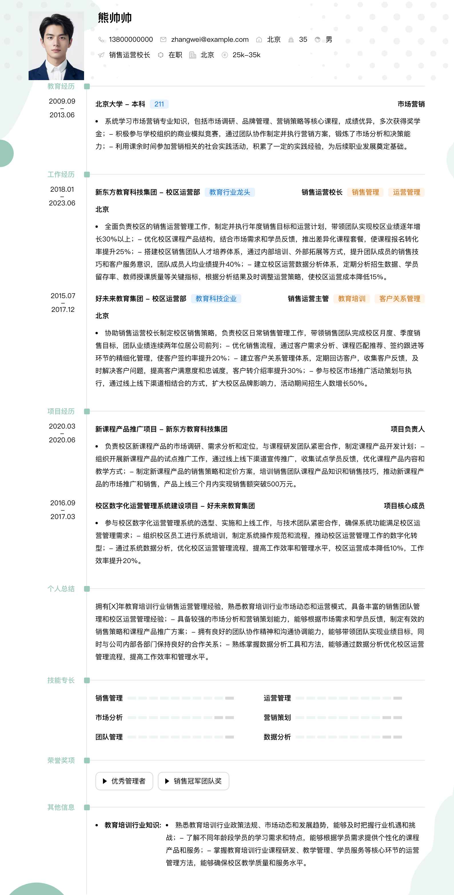 销售运营校长简历模板