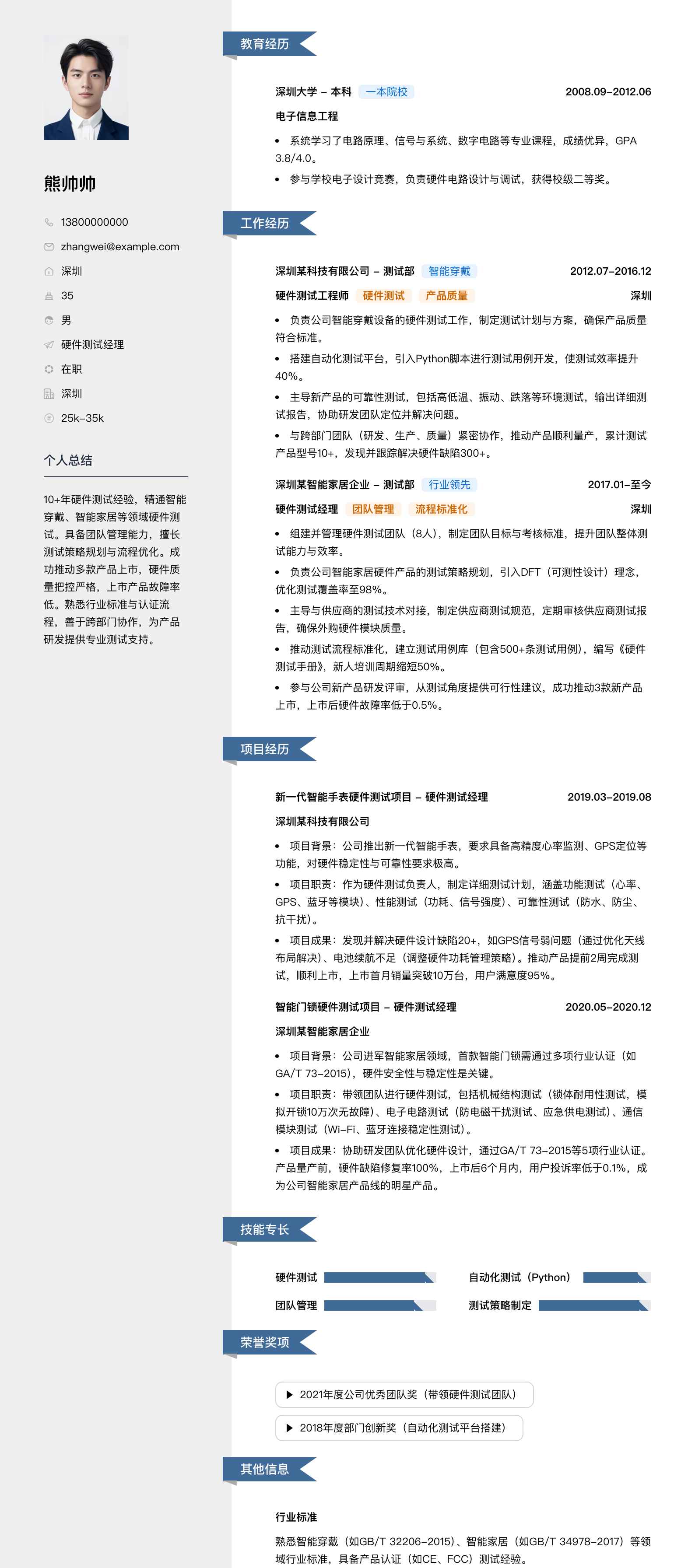 硬件测试经理简历模板