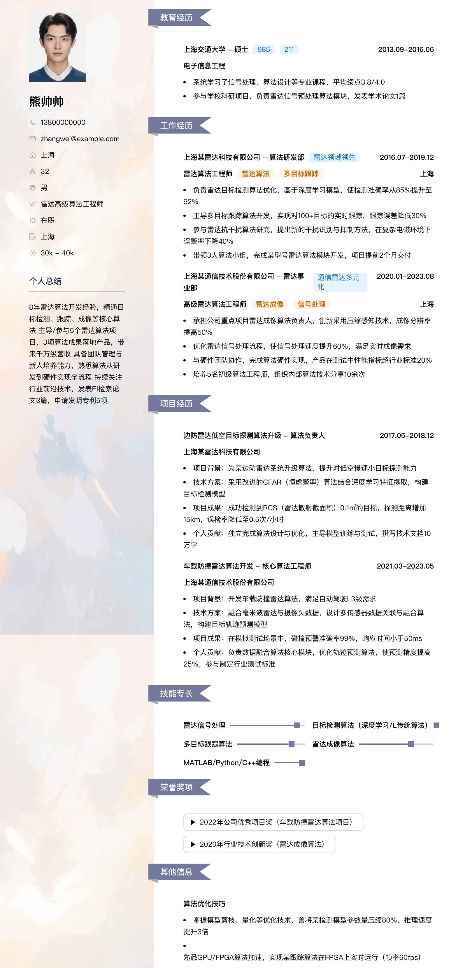 雷达高级算法工程师简历模板