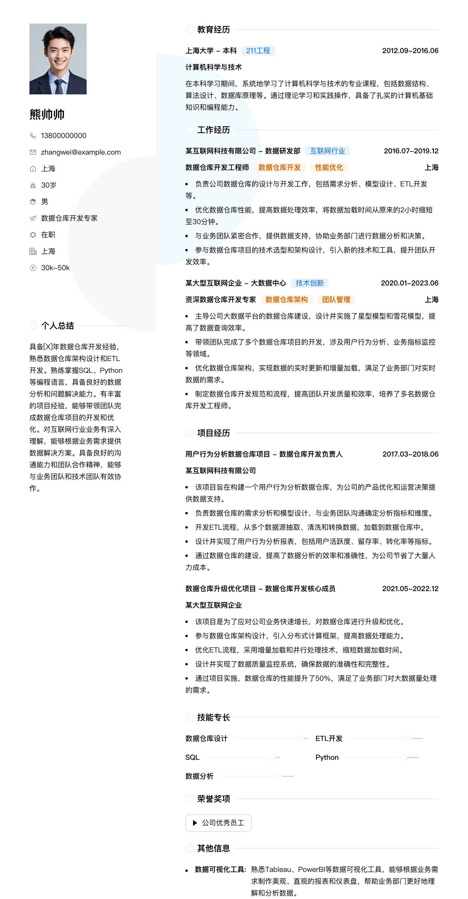 数据仓库开发专家简历模板