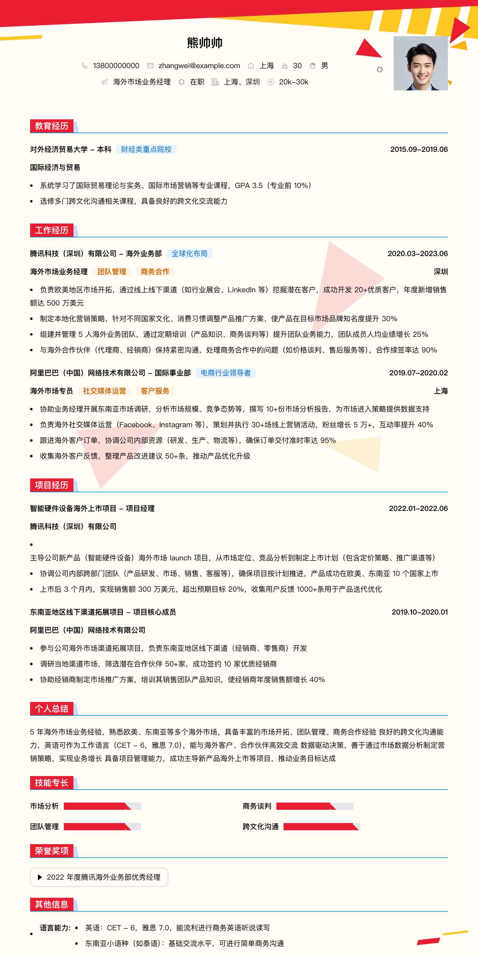 海外市场业务经理简历模板