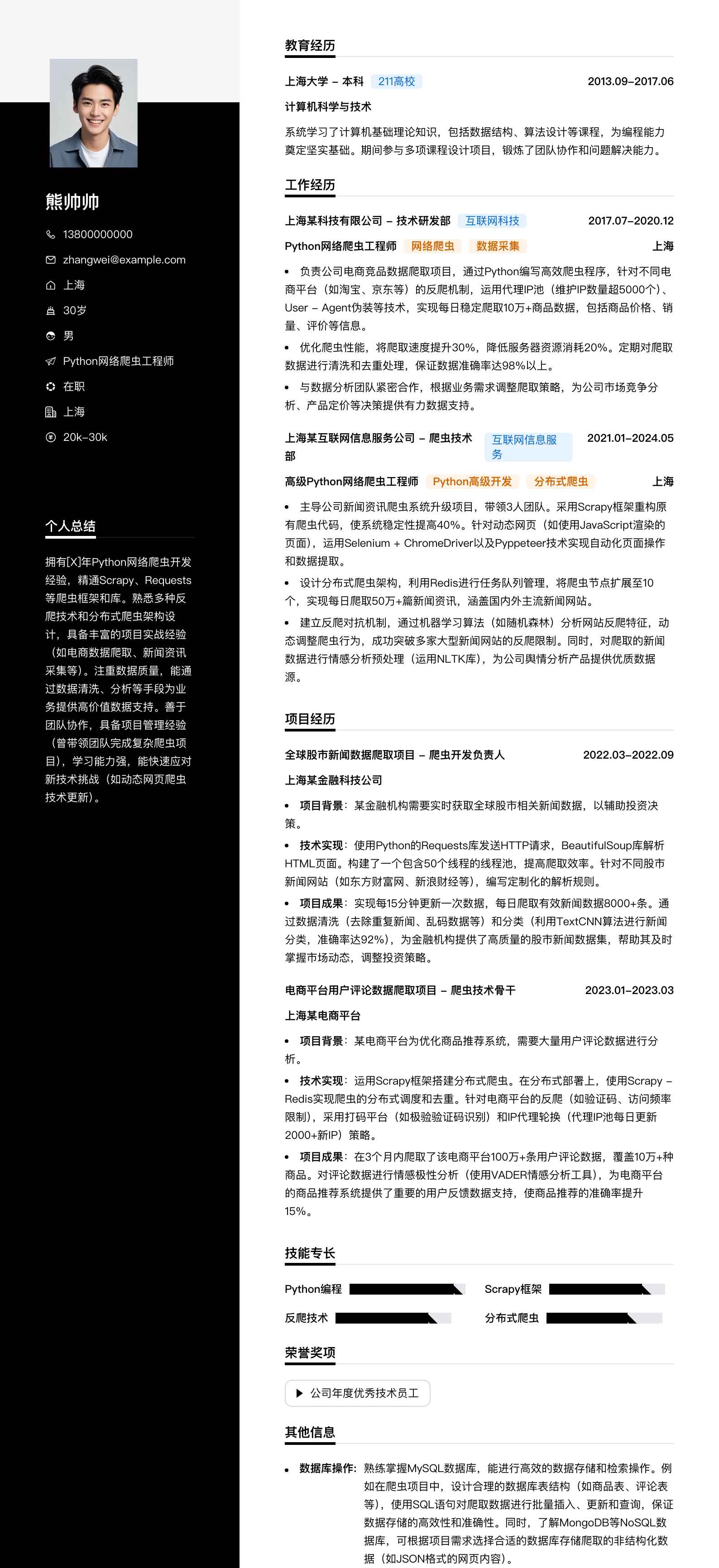 python网络爬虫工程师简历模板