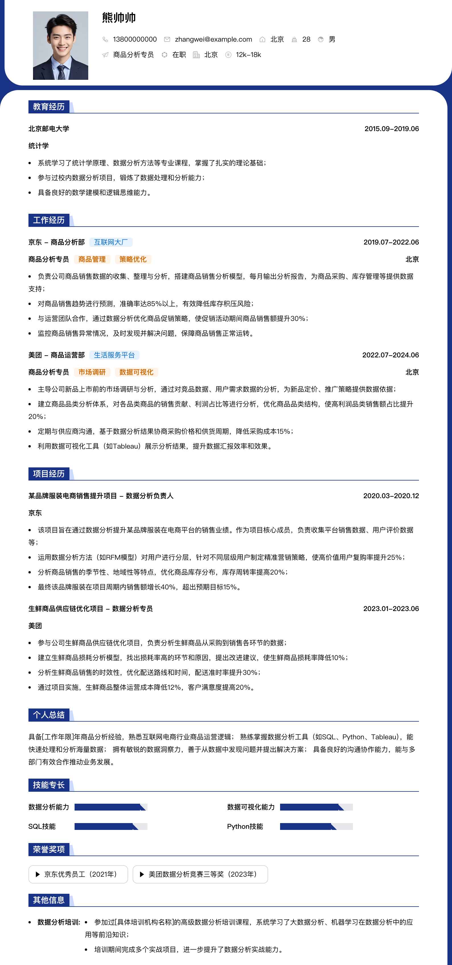 商品分析专员简历模板