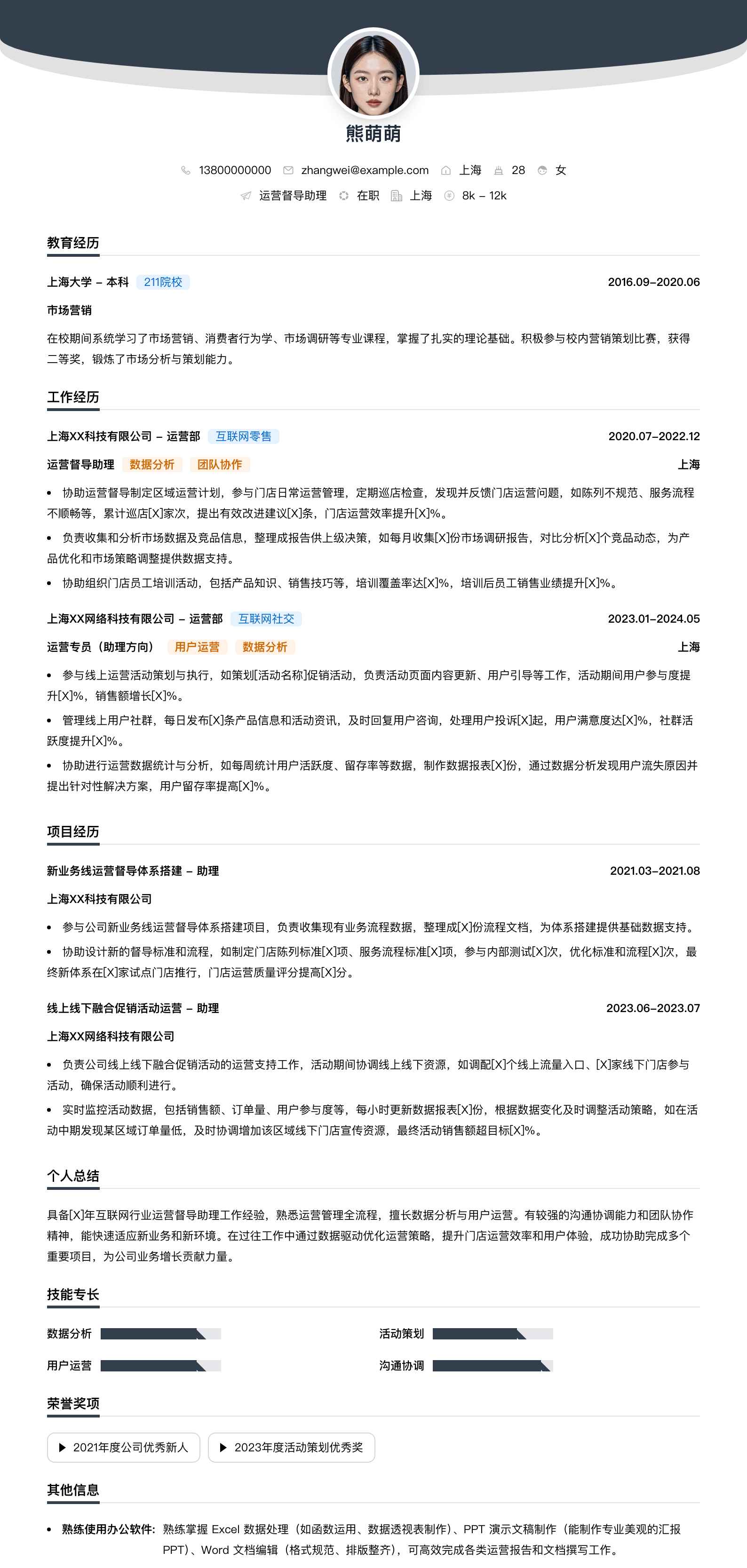 运营督导助理简历模板