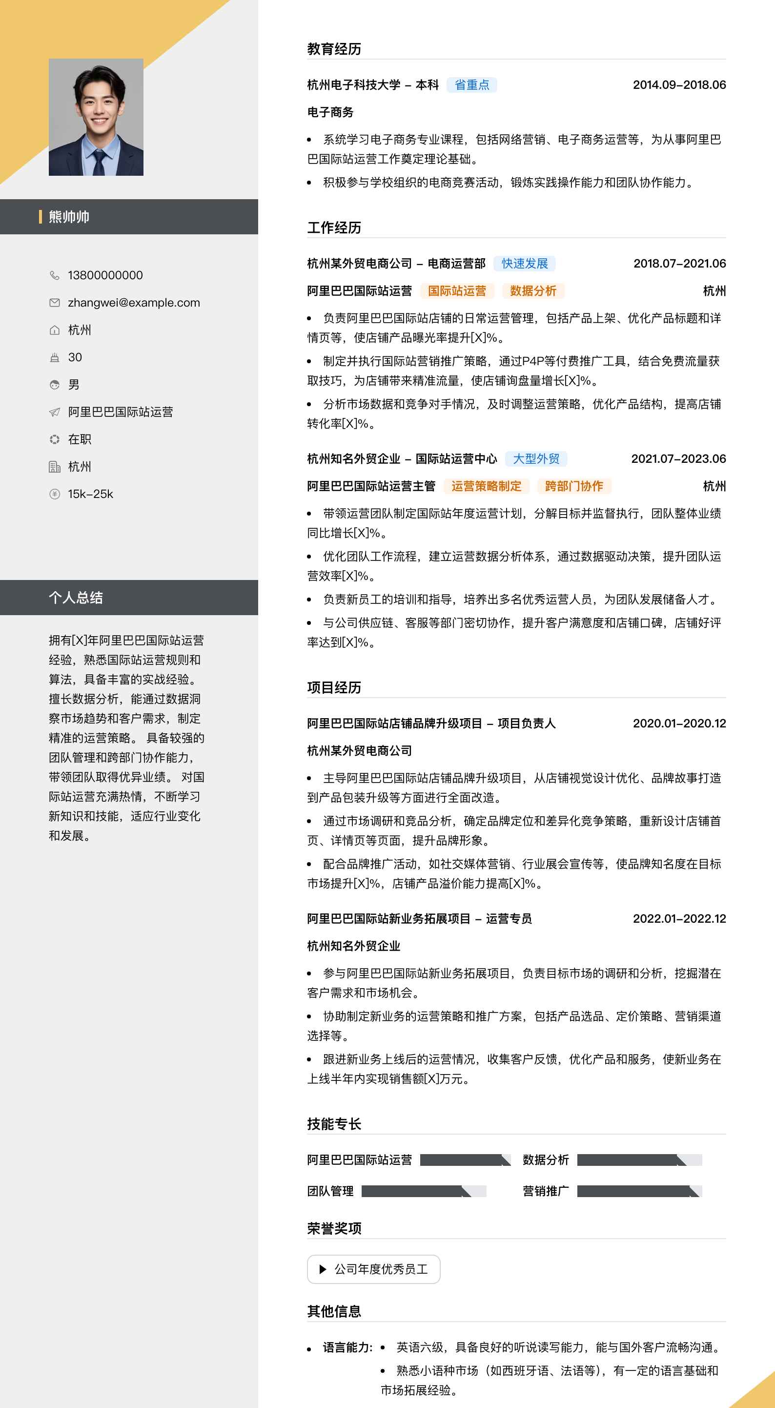 阿里巴巴国际站运营简历模板