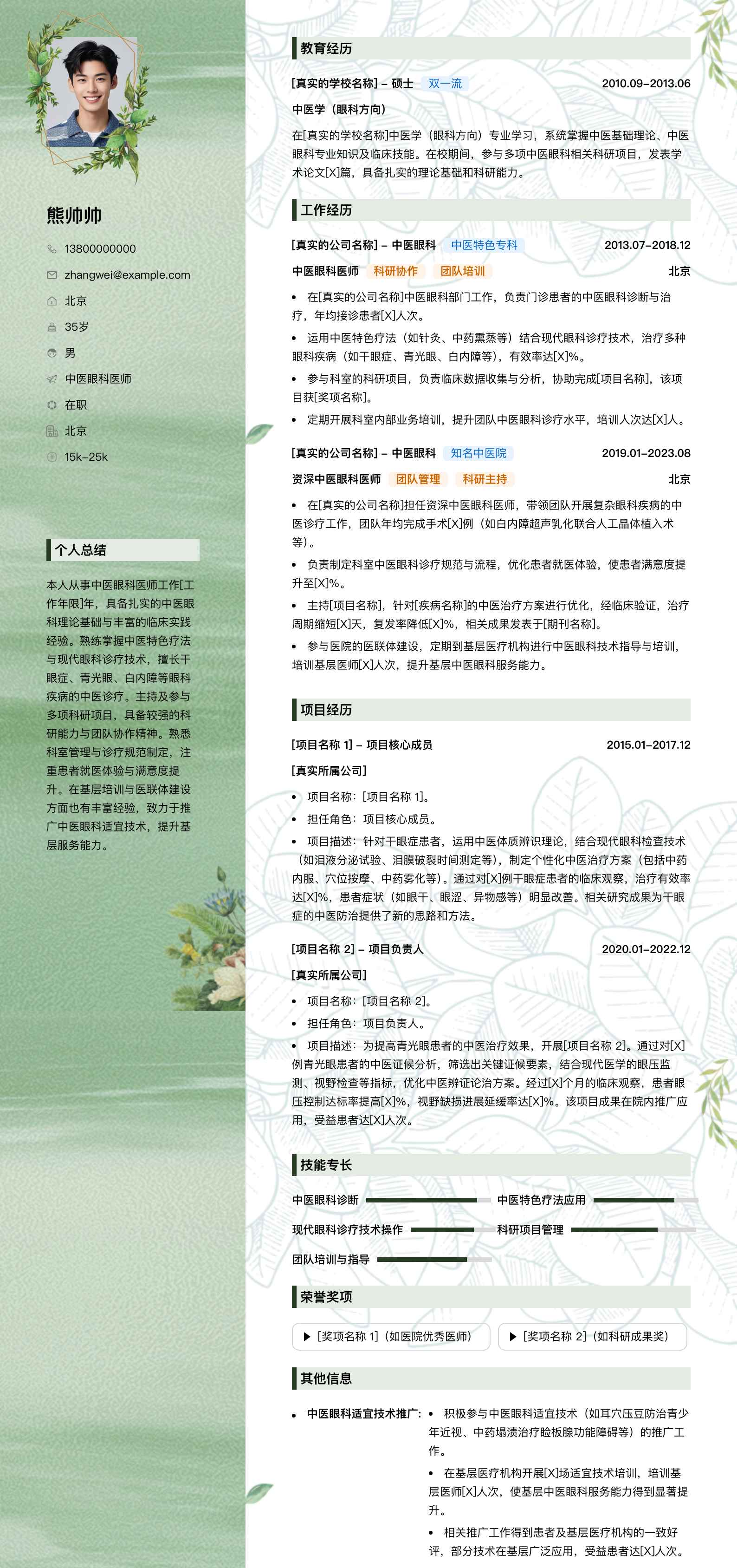 中医眼科医师简历模板