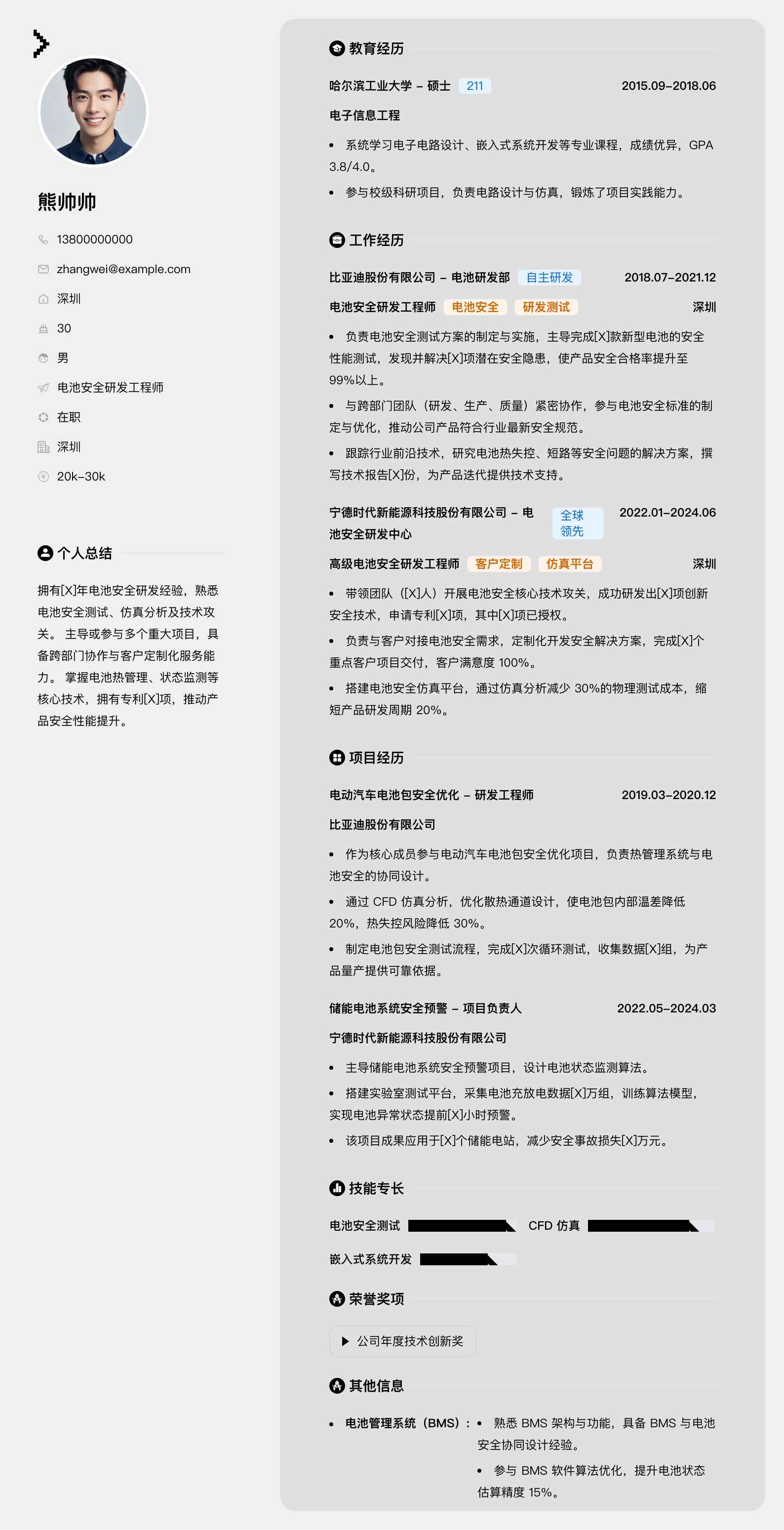 电池安全研发工程师简历模板
