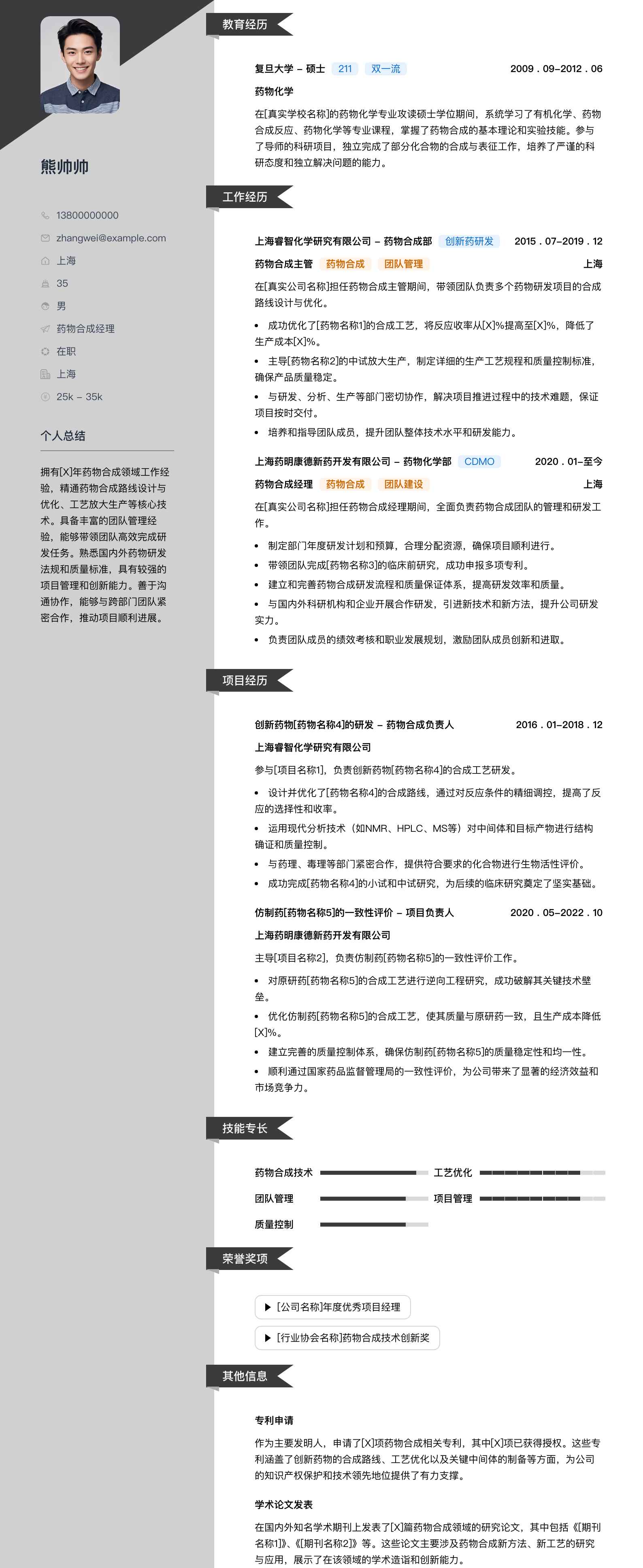 药物合成经理简历模板