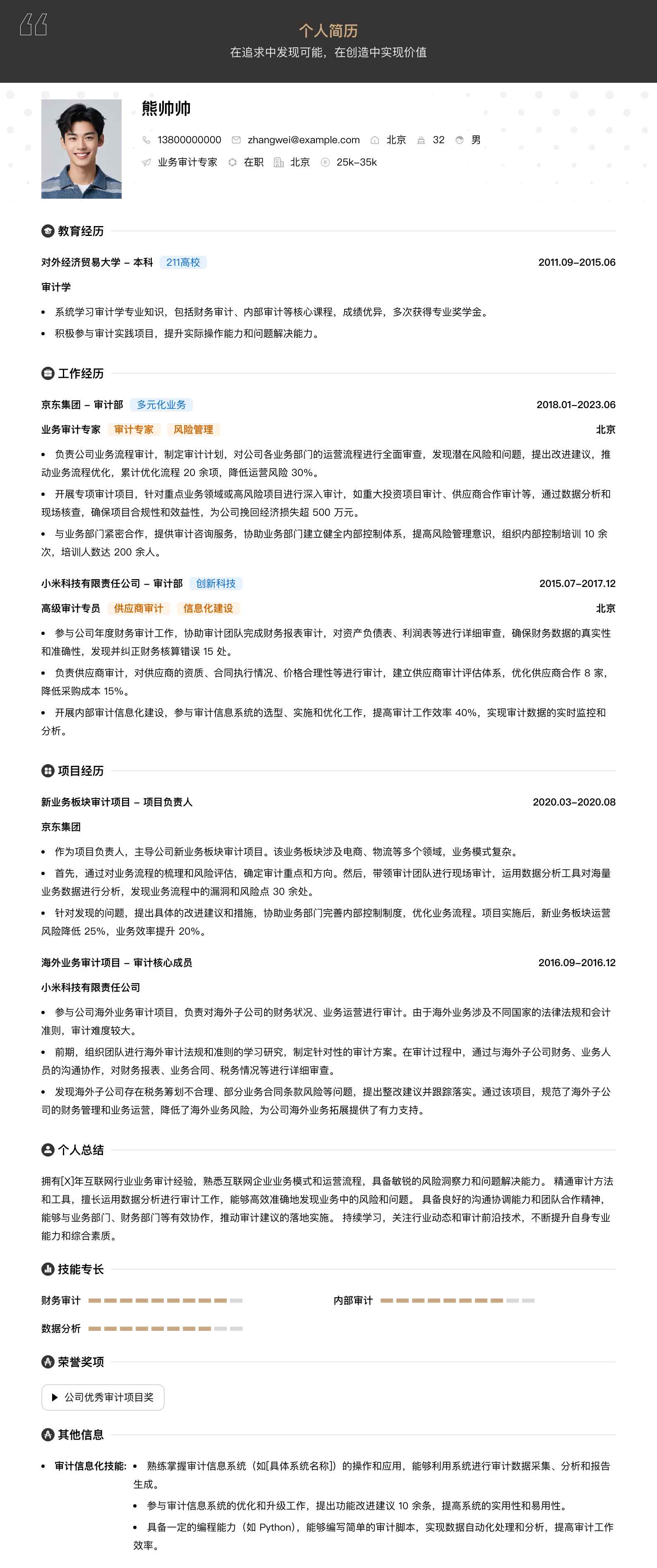 业务审计专家简历模板