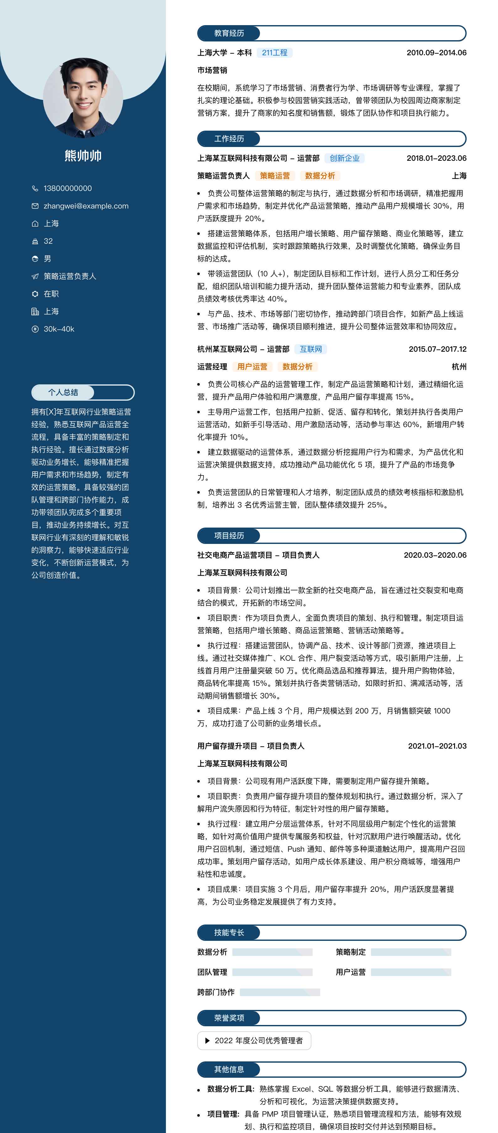 策略运营负责人简历模板