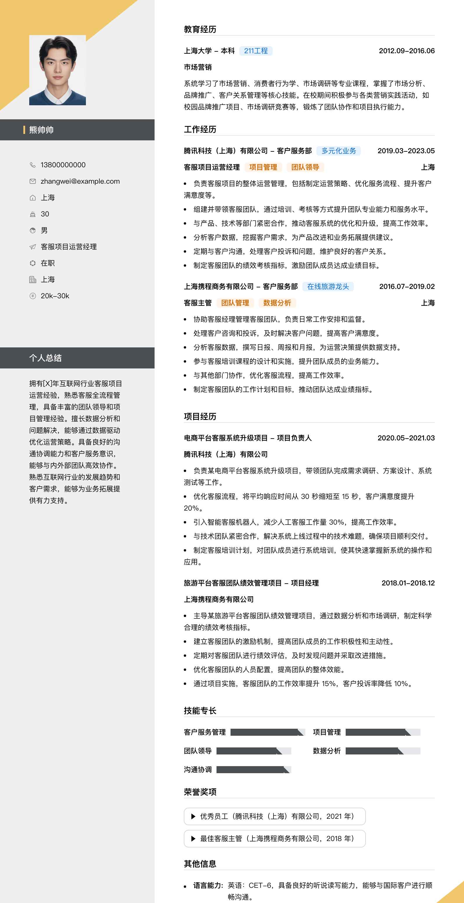 客服项目运营经理简历模板