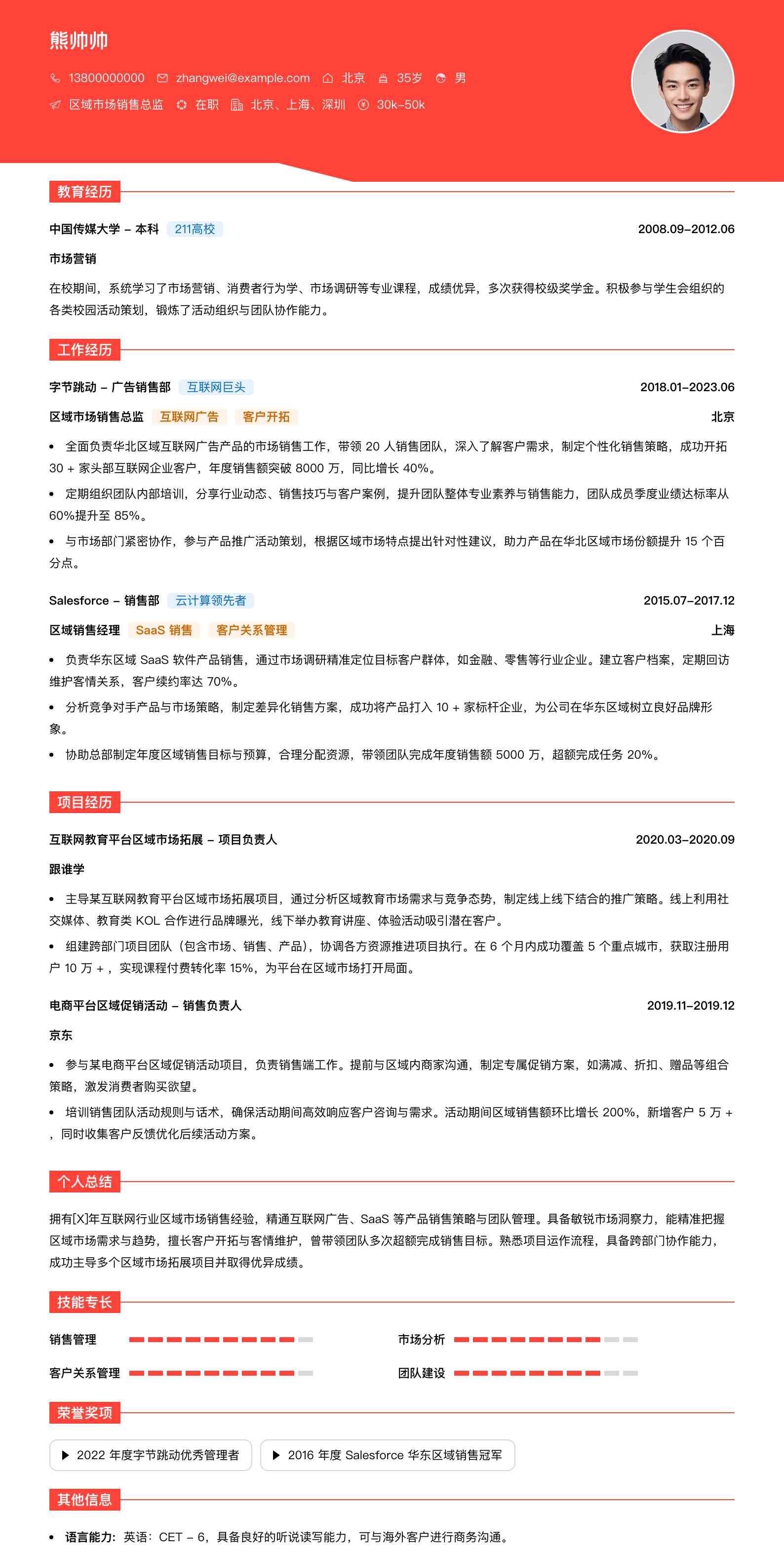 区域市场销售总监简历模板