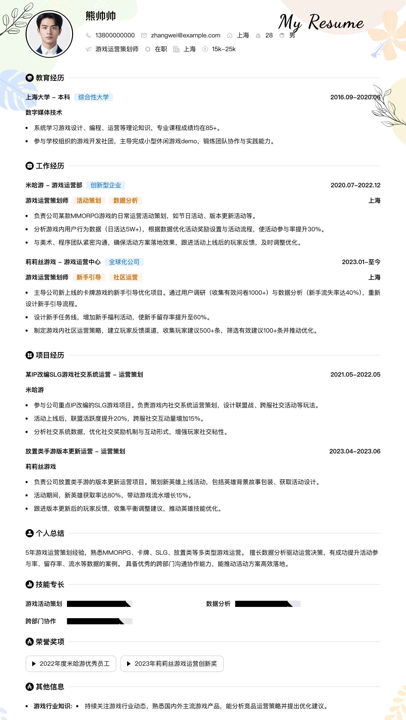 游戏运营策划师简历模板