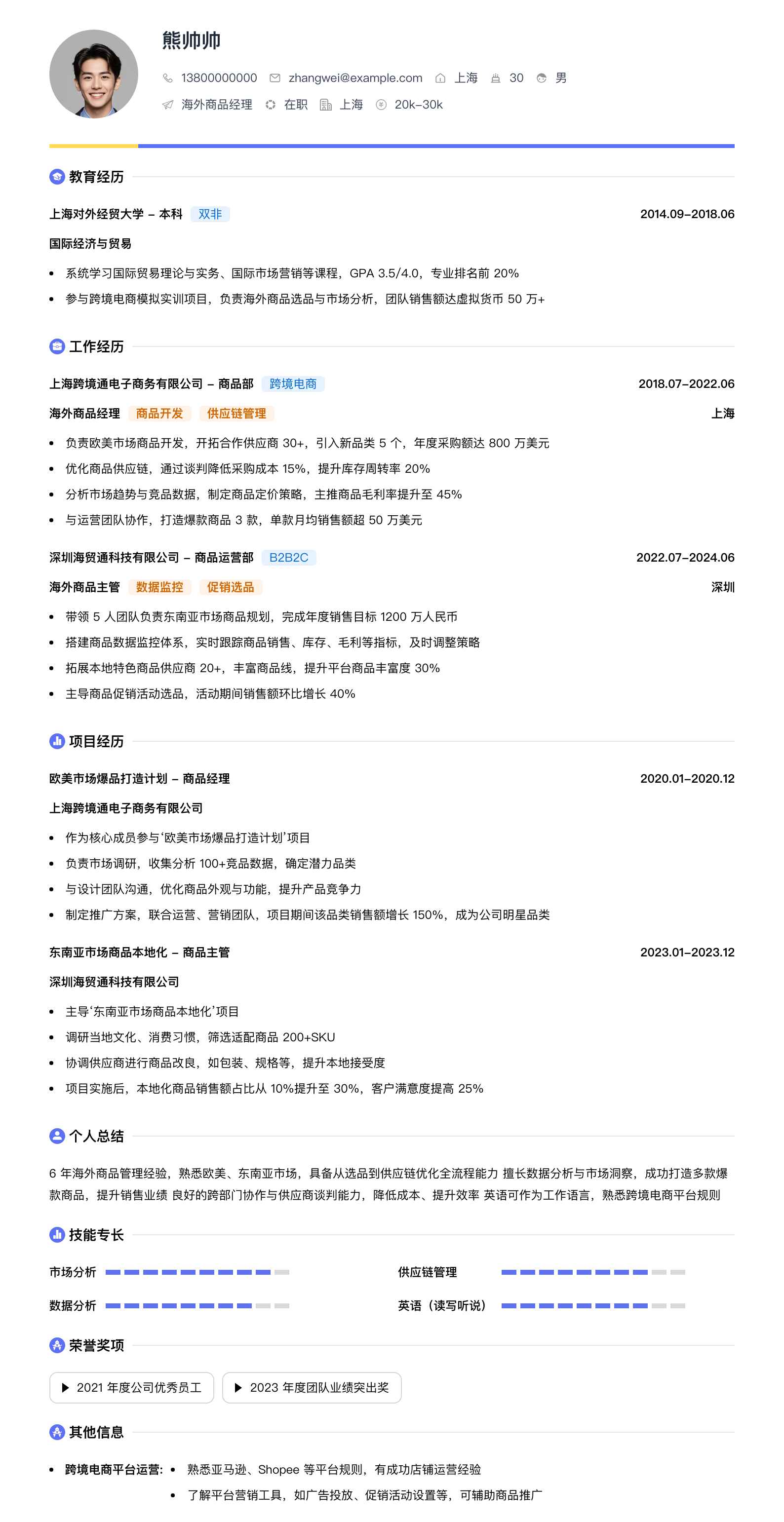 海外商品经理简历模板