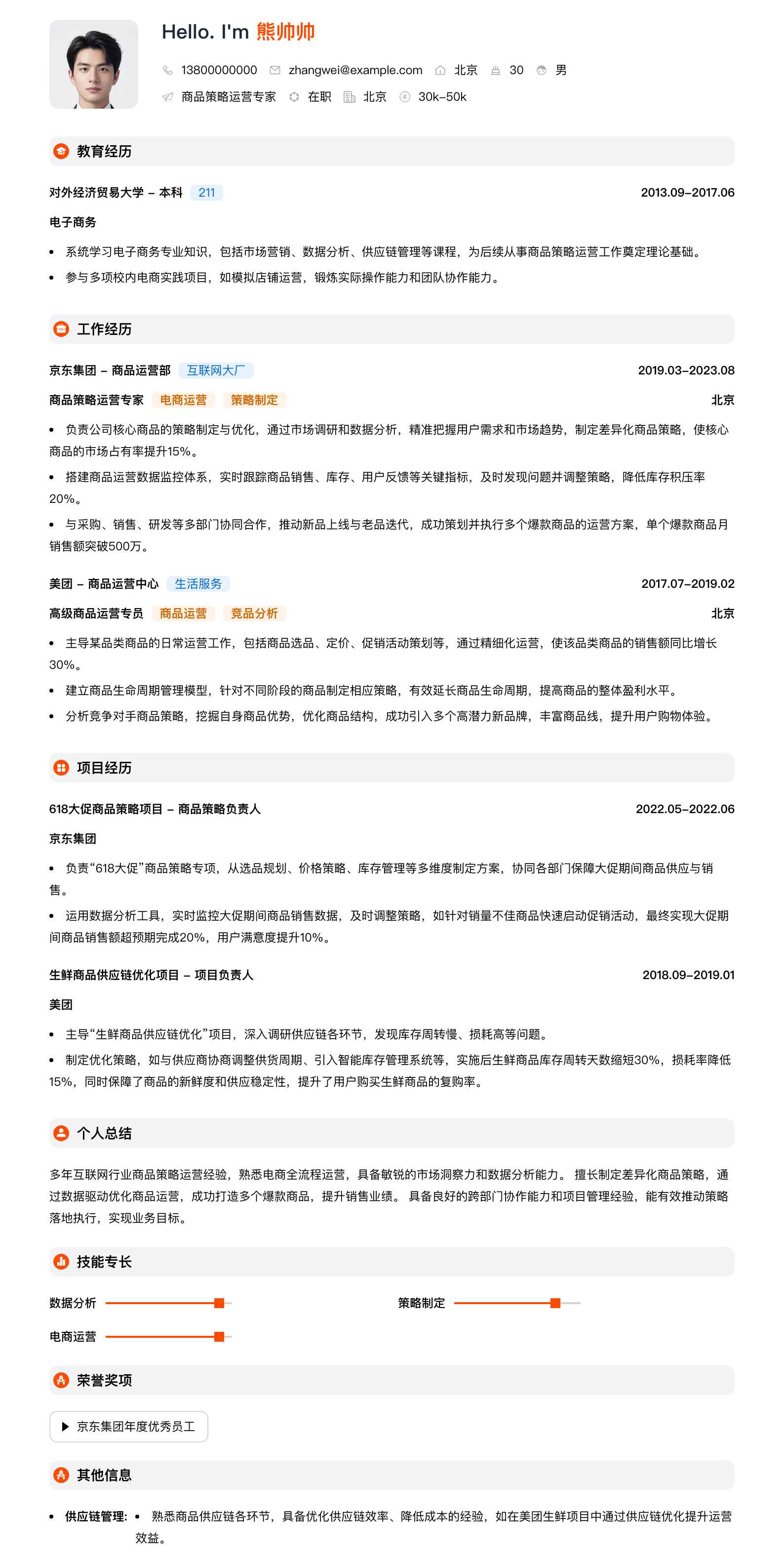 商品策略运营专家简历模板
