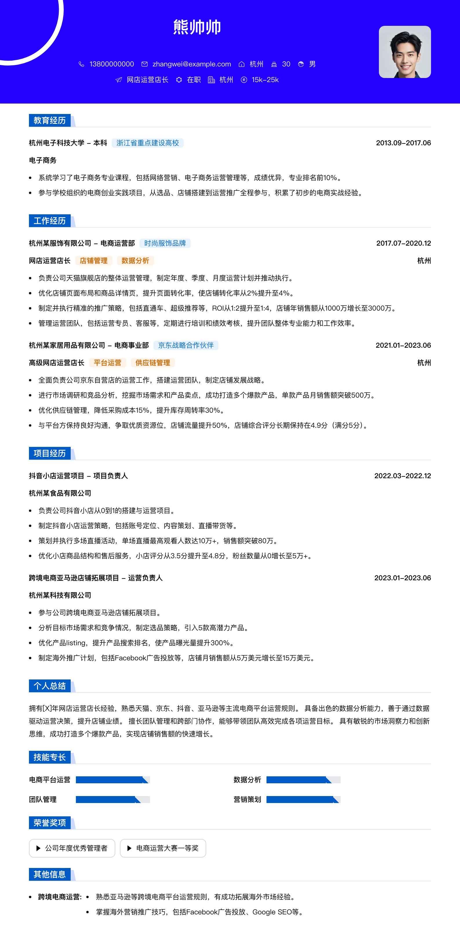 网店运营店长简历模板