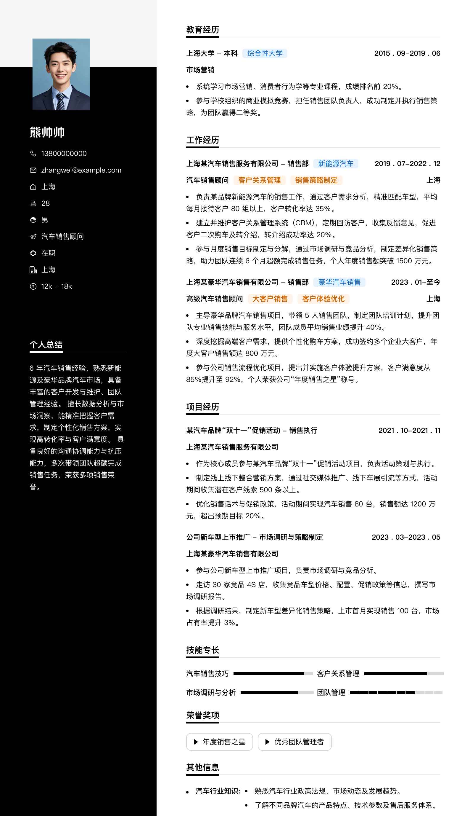 汽车销售顾问简历模板