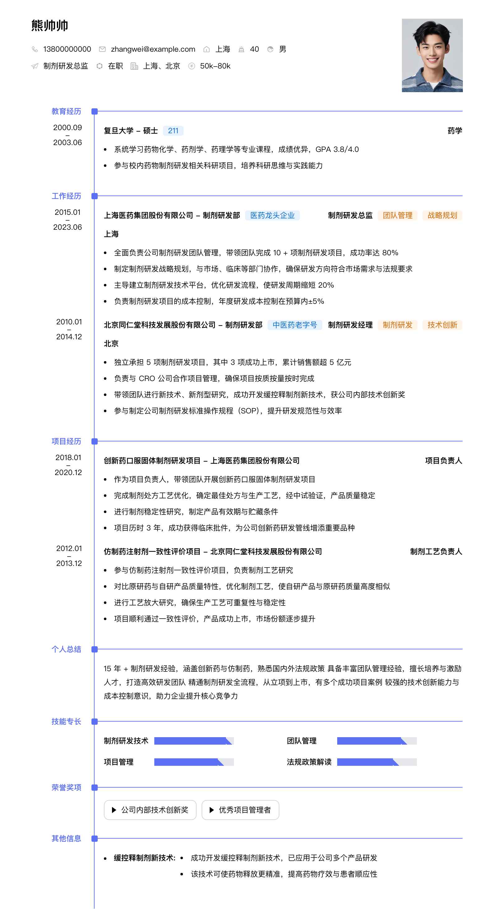 制剂研发总监简历模板