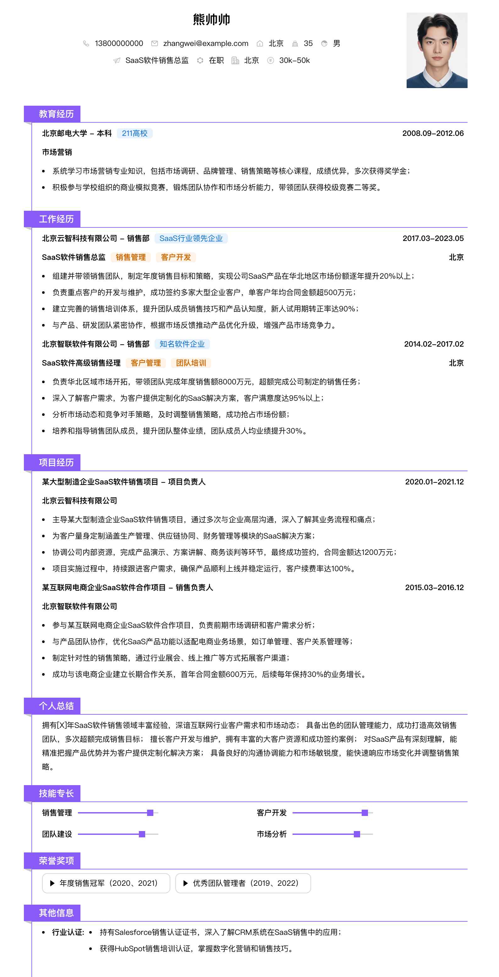 saas软件销售总监简历模板