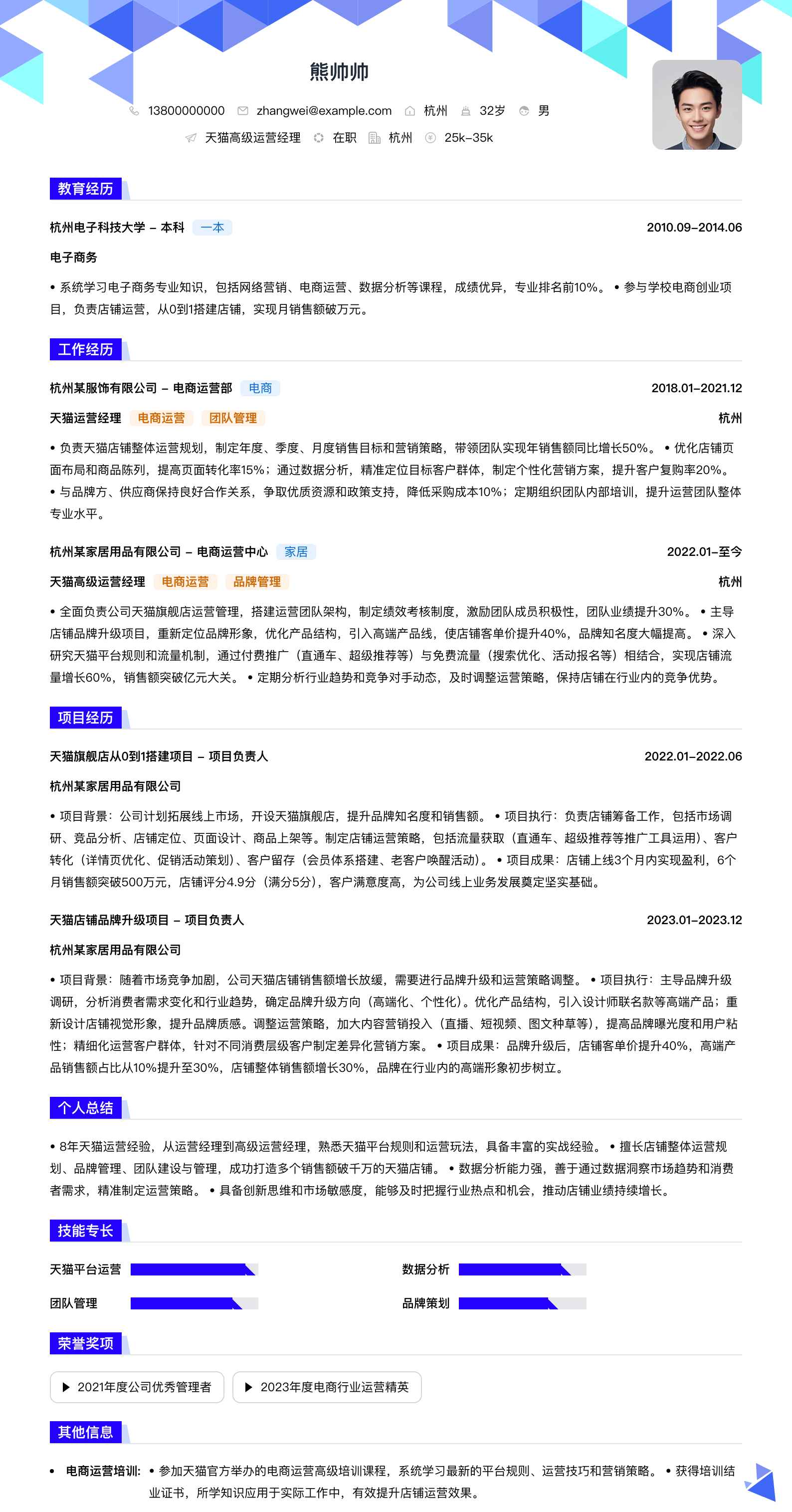 天猫高级运营经理简历模板