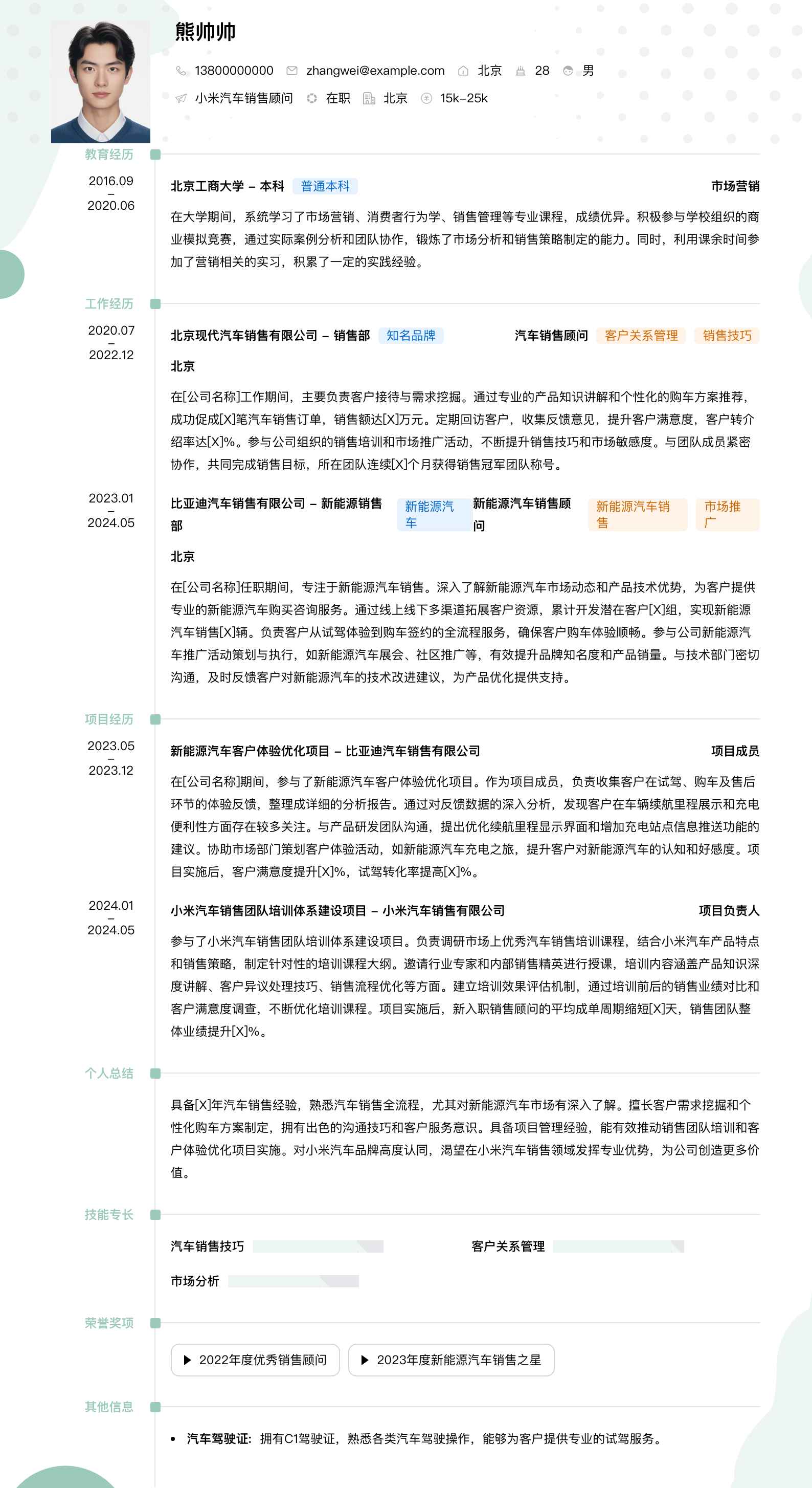 小米汽车销售顾问简历模板