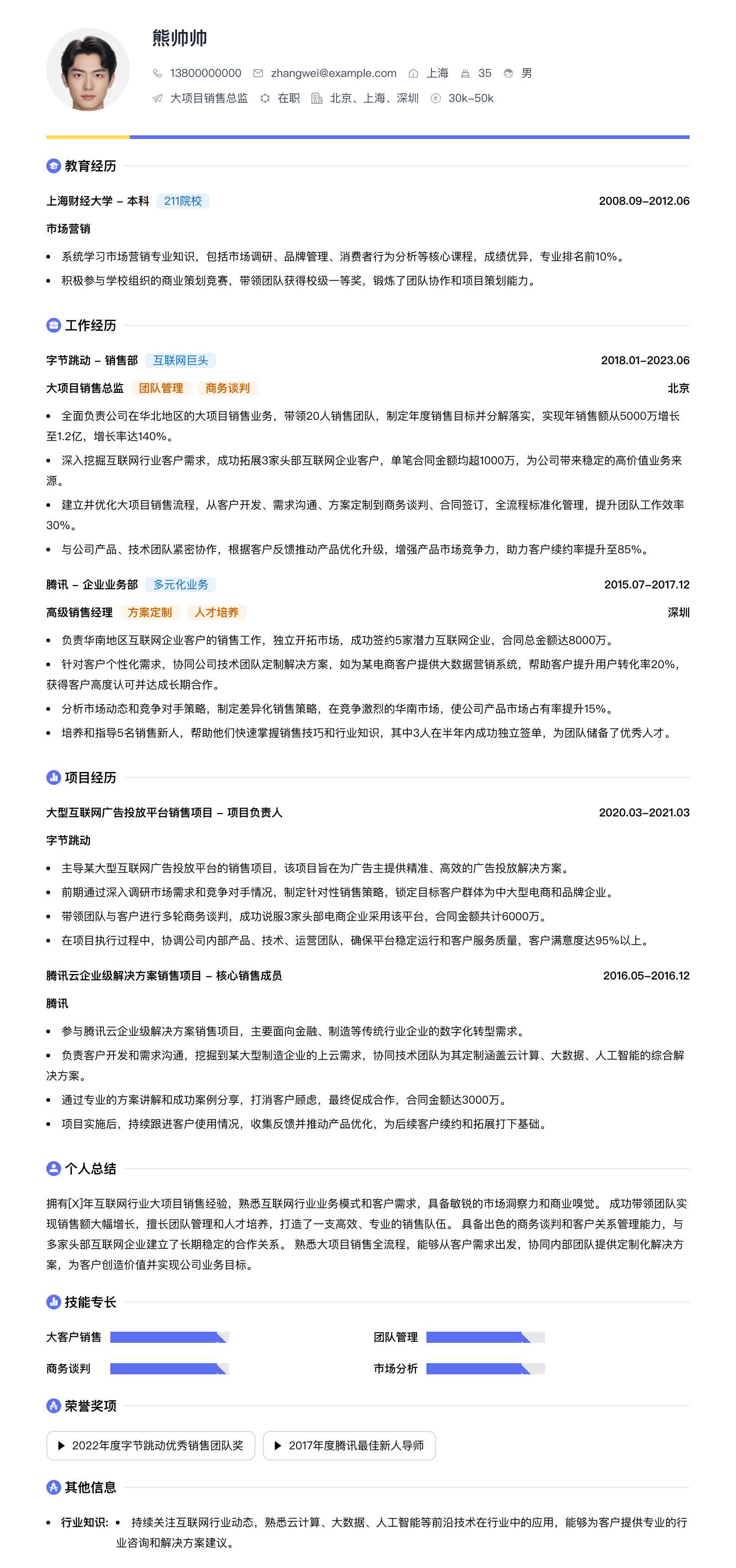 大项目销售总监简历模板