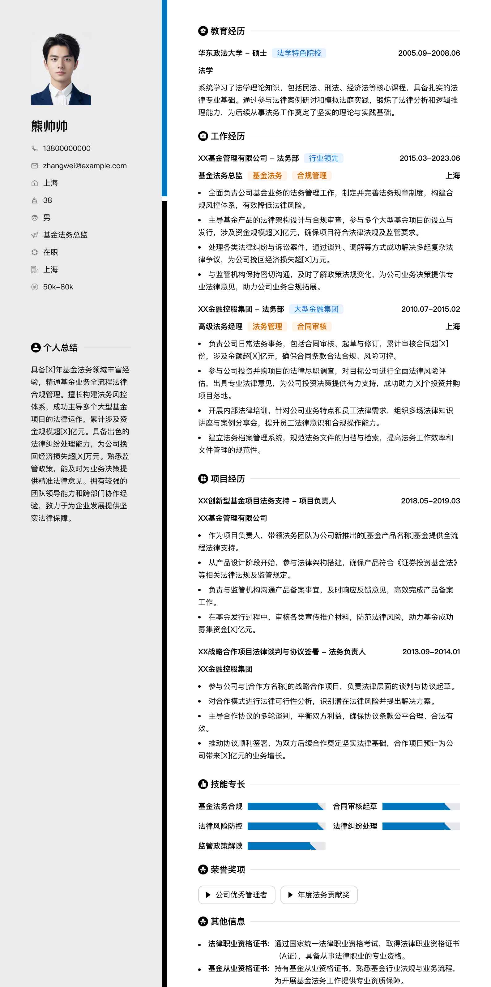 基金法务总监简历模板