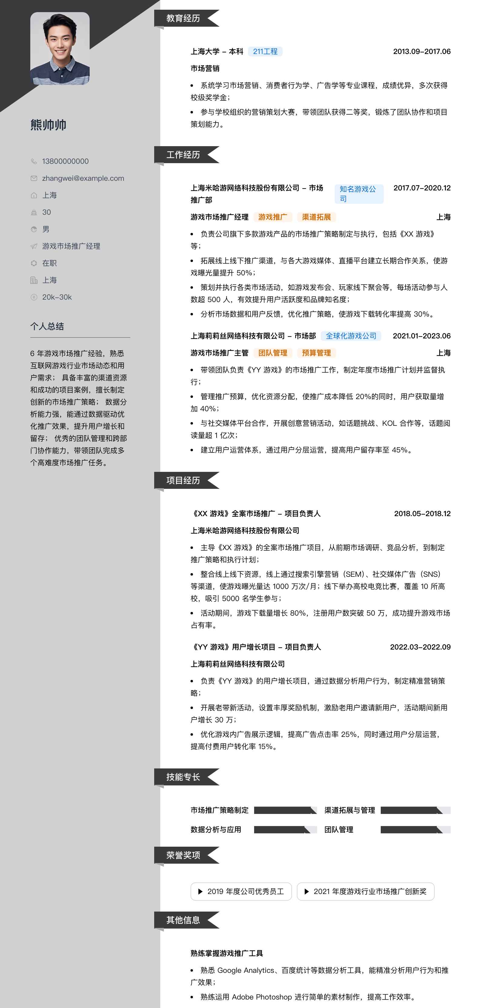 游戏市场推广经理简历模板