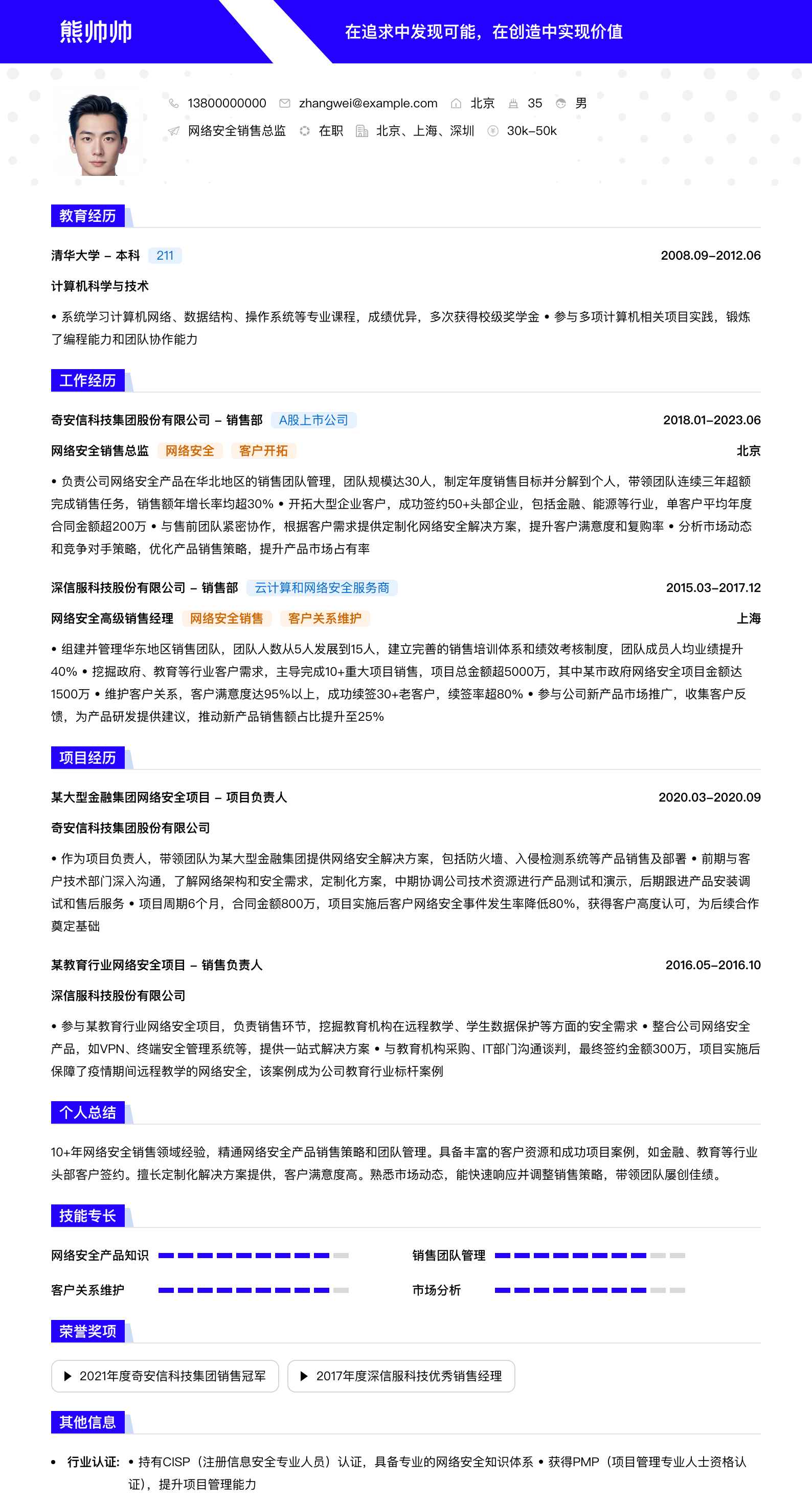 网络安全销售总监简历模板