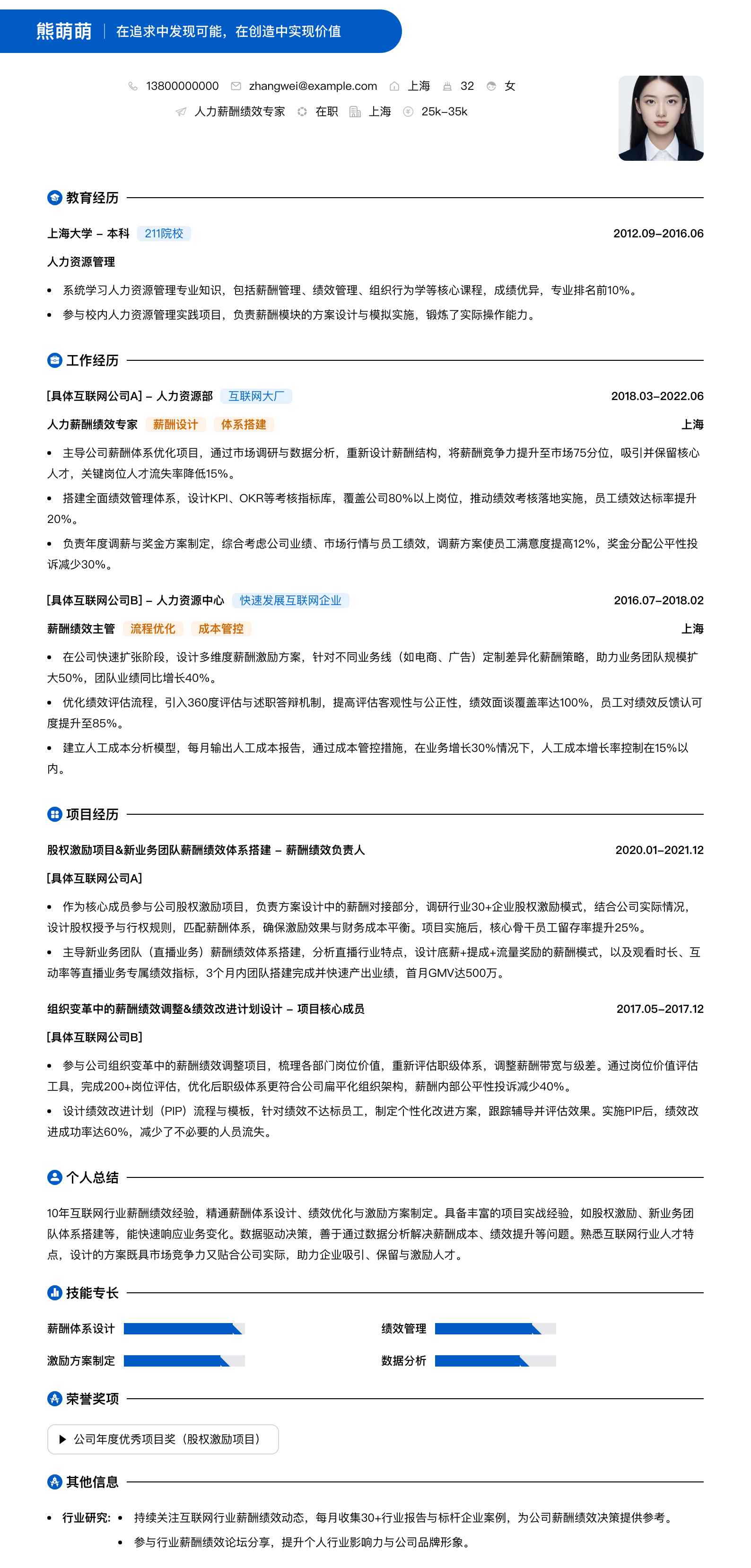 人力薪酬绩效专家简历模板