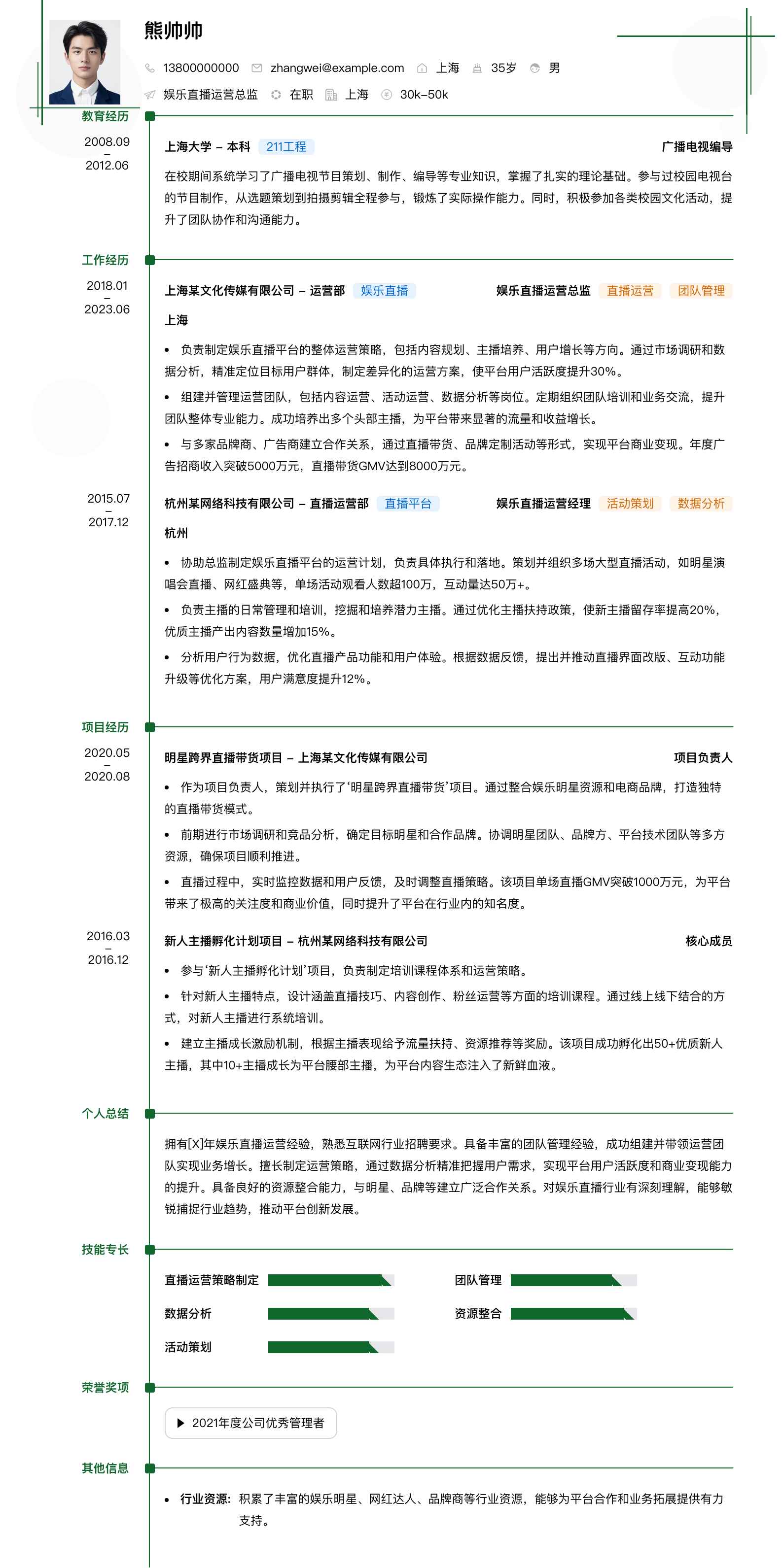 娱乐直播运营总监简历模板