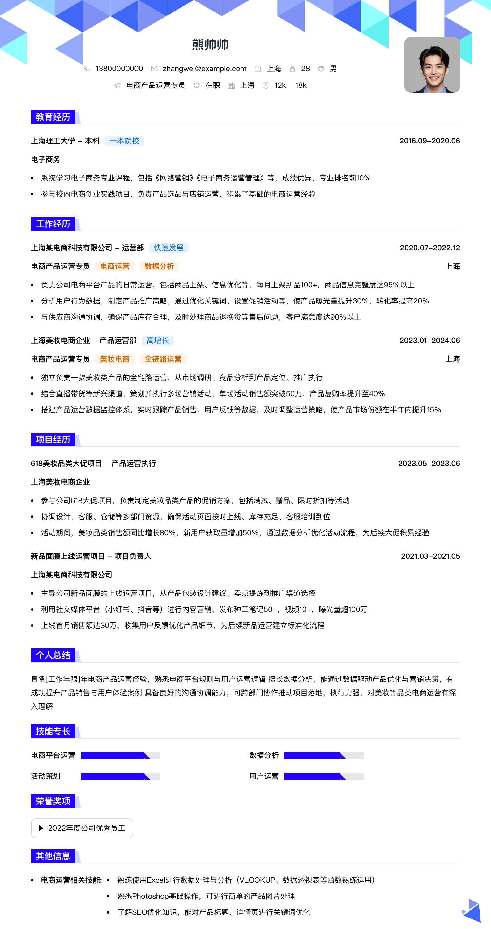 电商产品运营专员简历模板
