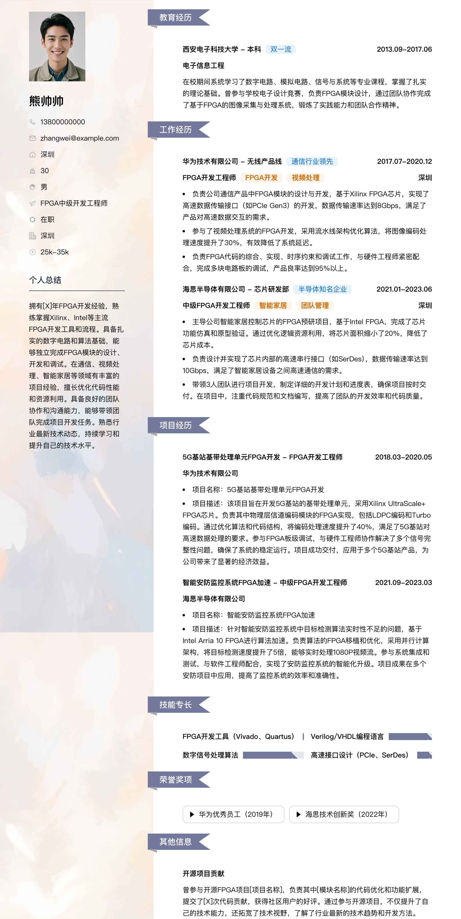 fpga中级开发工程师简历模板
