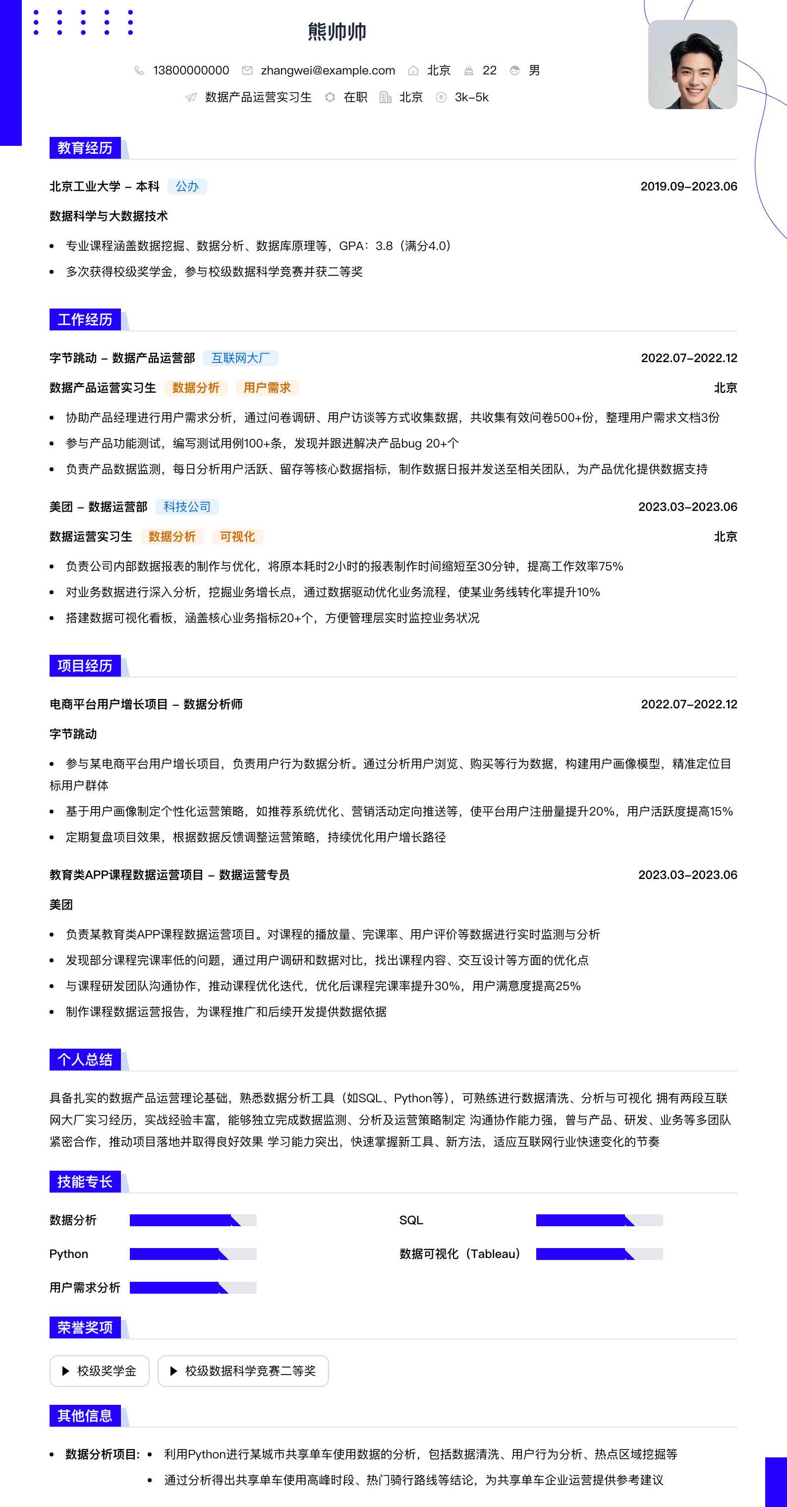 数据产品运营实习生简历模板