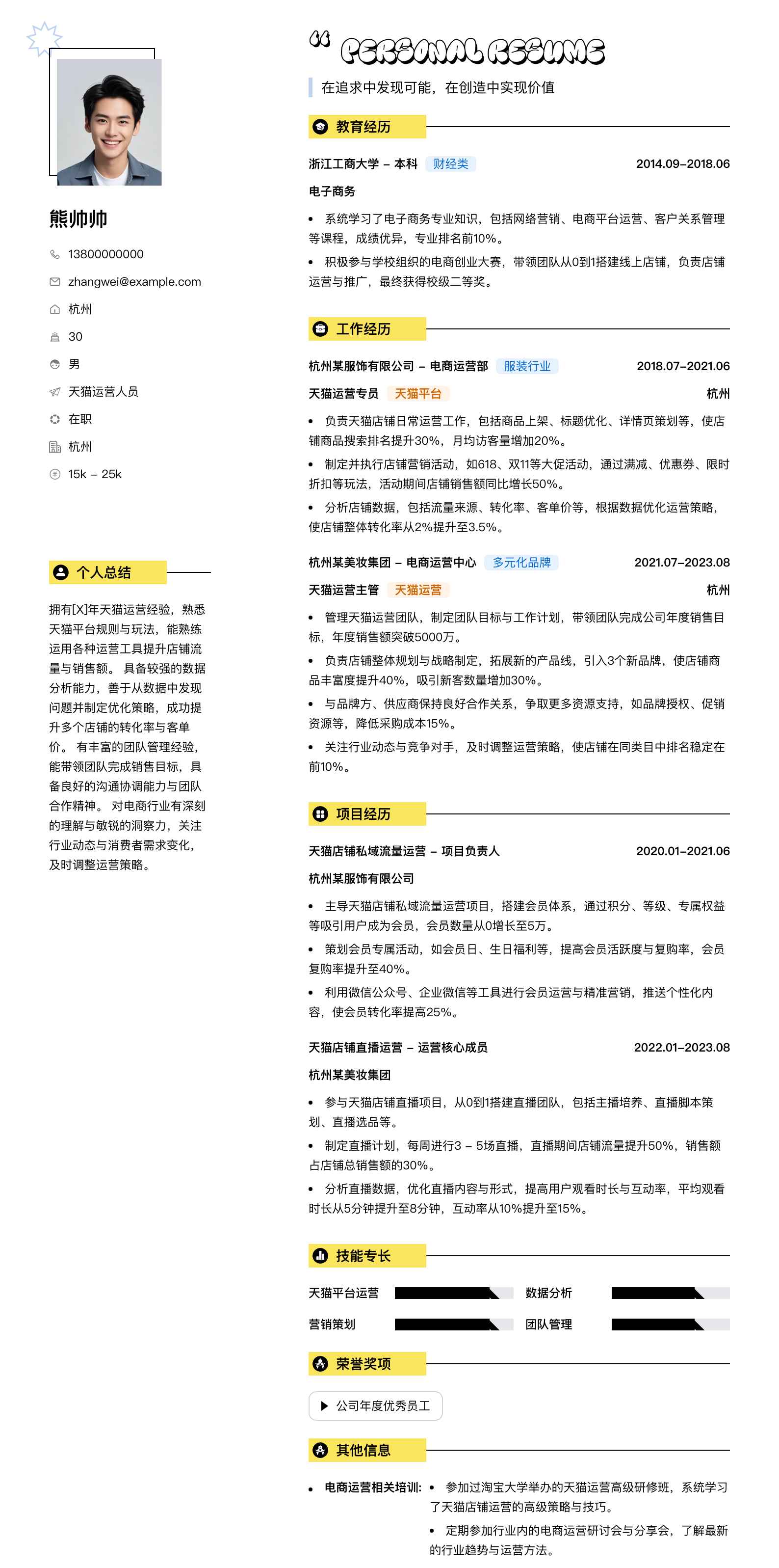 天猫运营人员简历模板