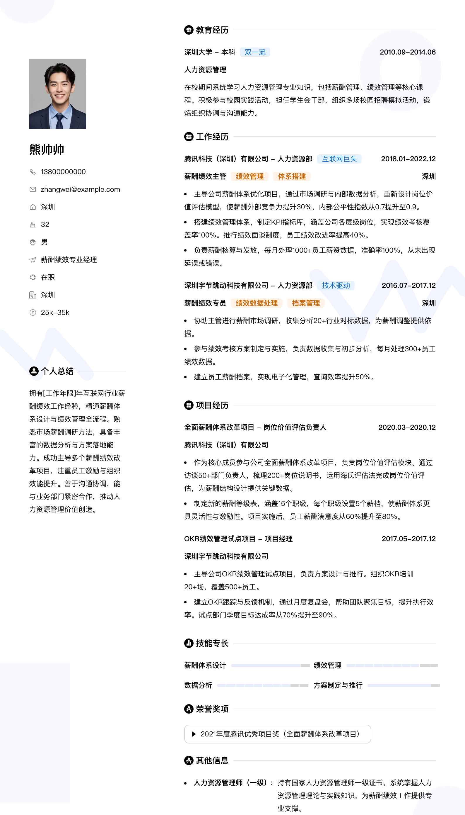 薪酬绩效专业经理简历模板