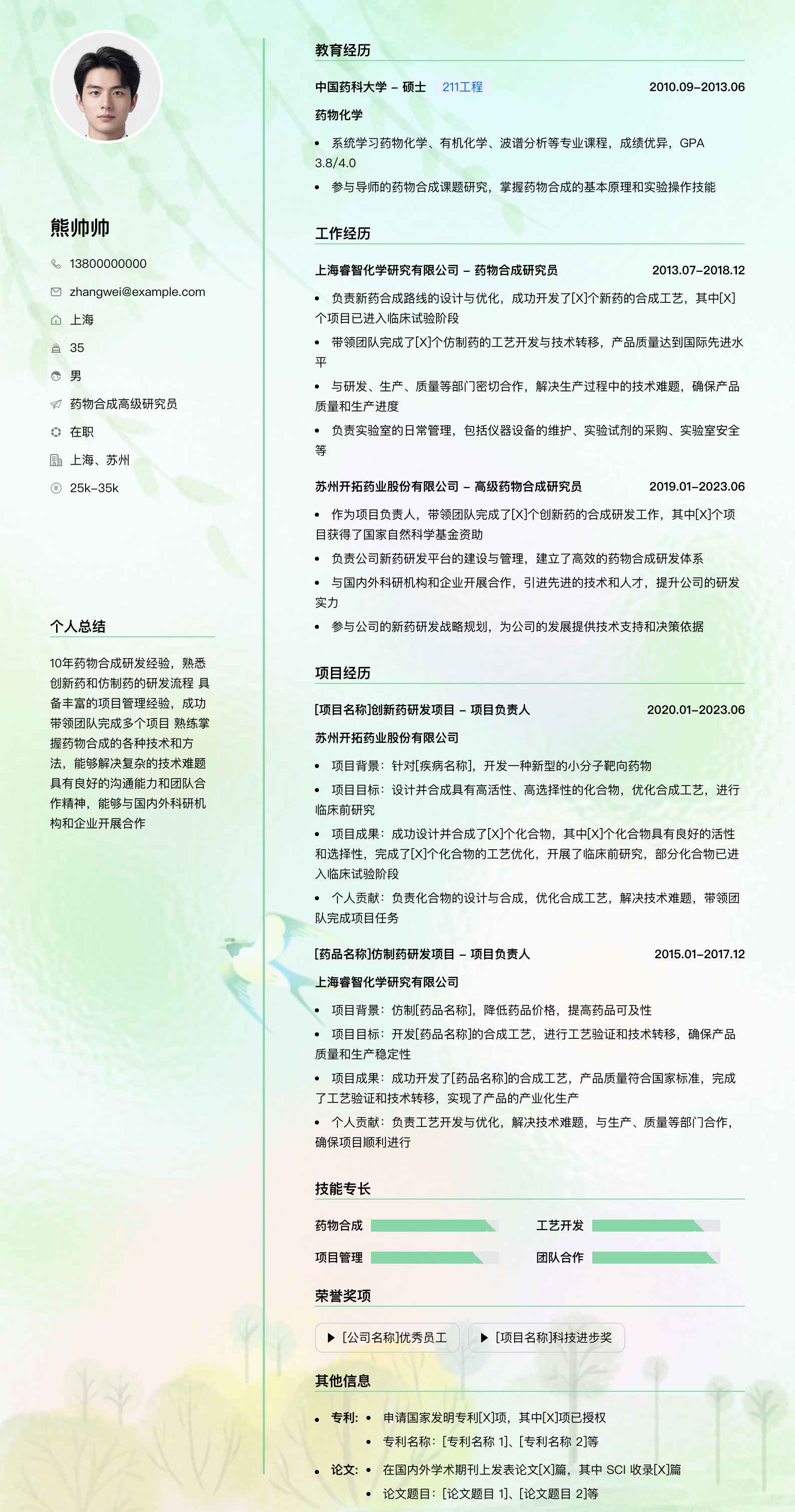 药物合成高级研究员简历模板