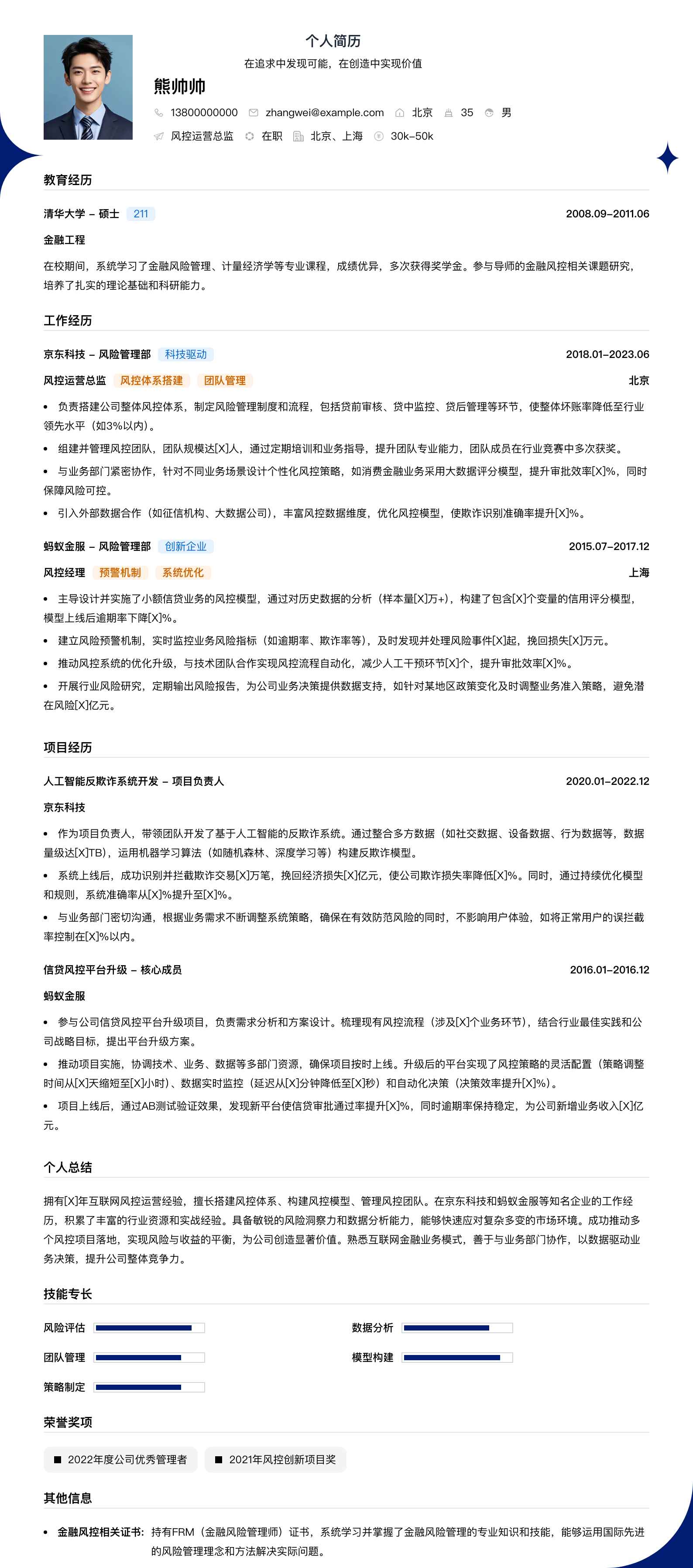 风控运营总监简历模板
