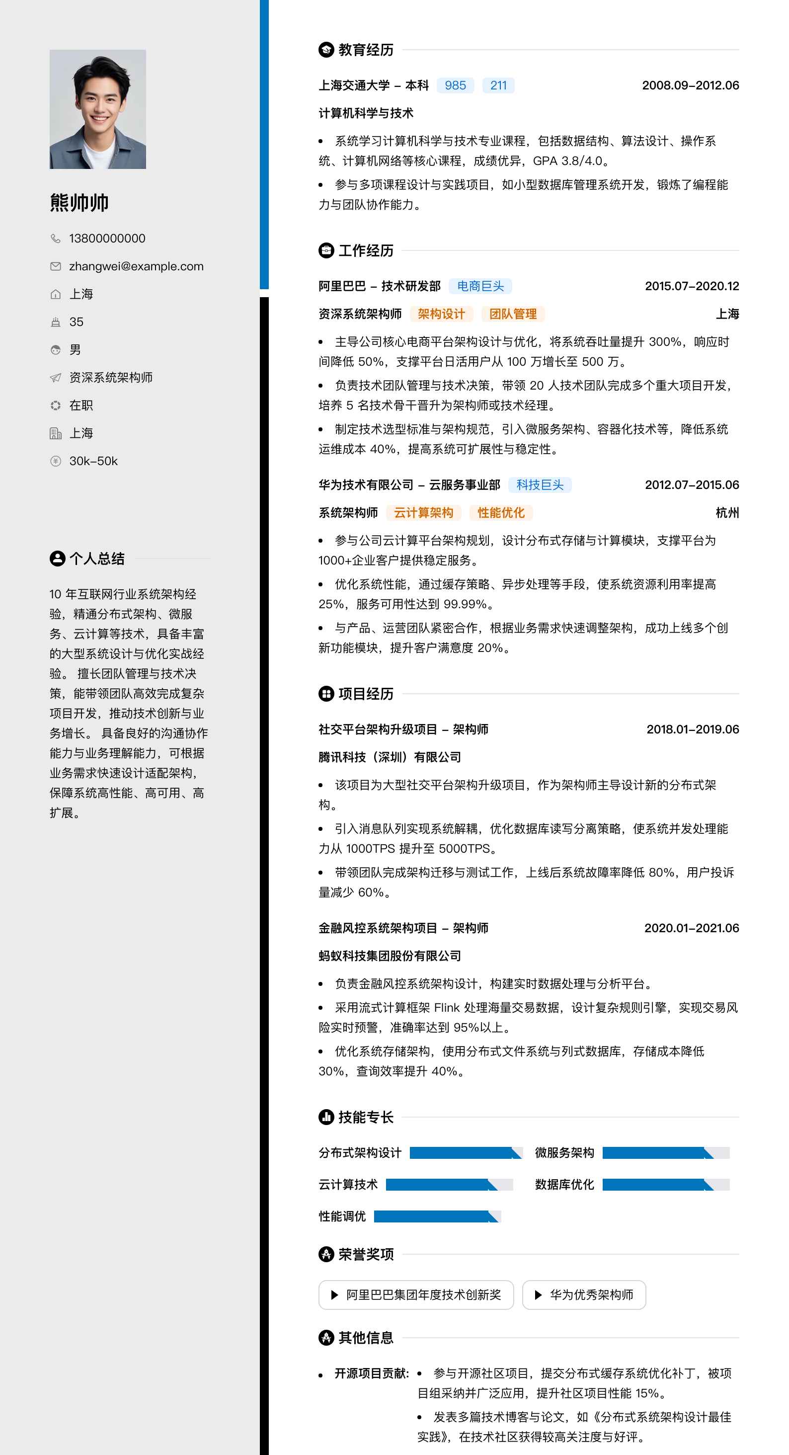 资深系统架构师简历模板
