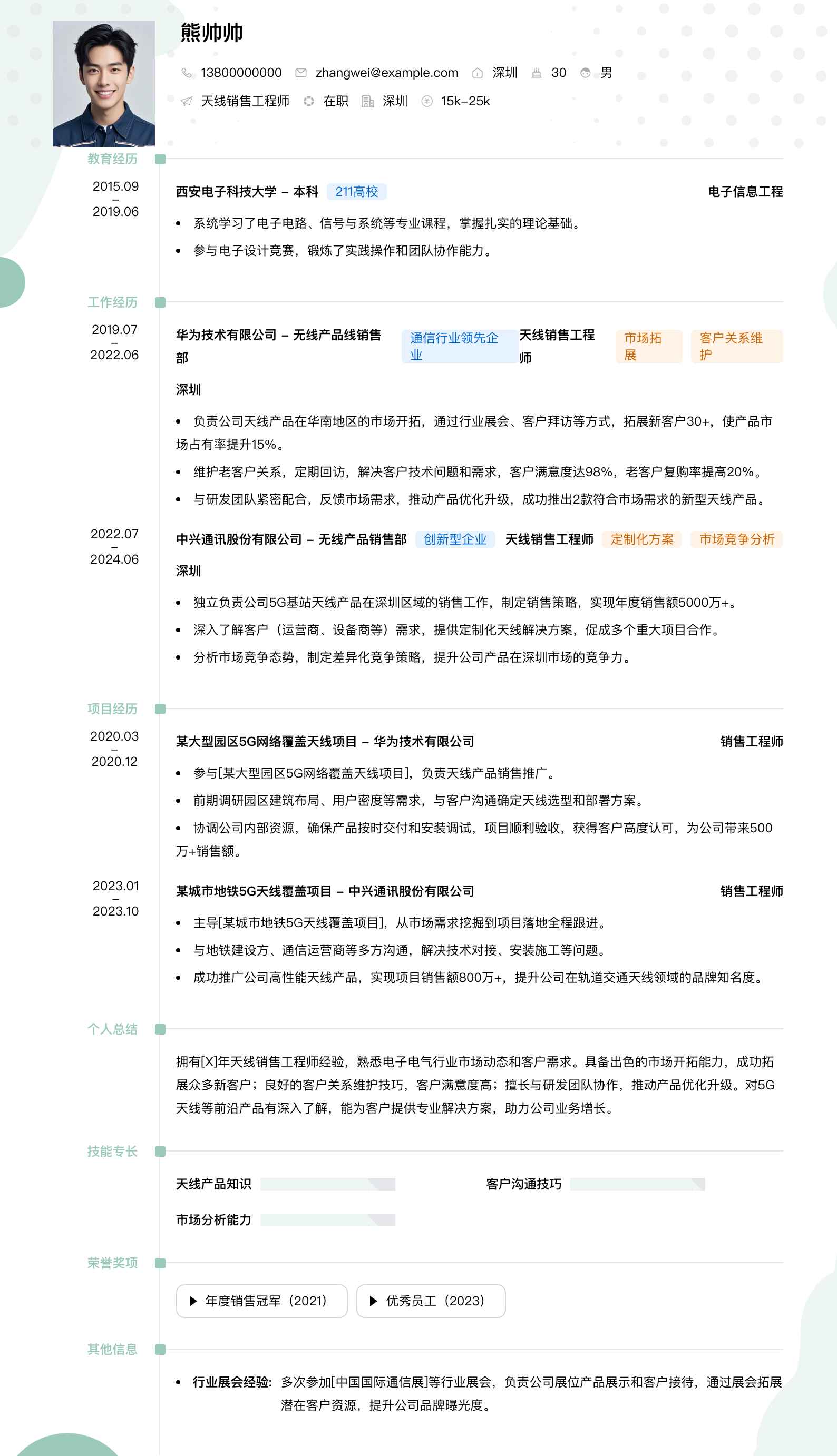 天线销售工程师简历模板