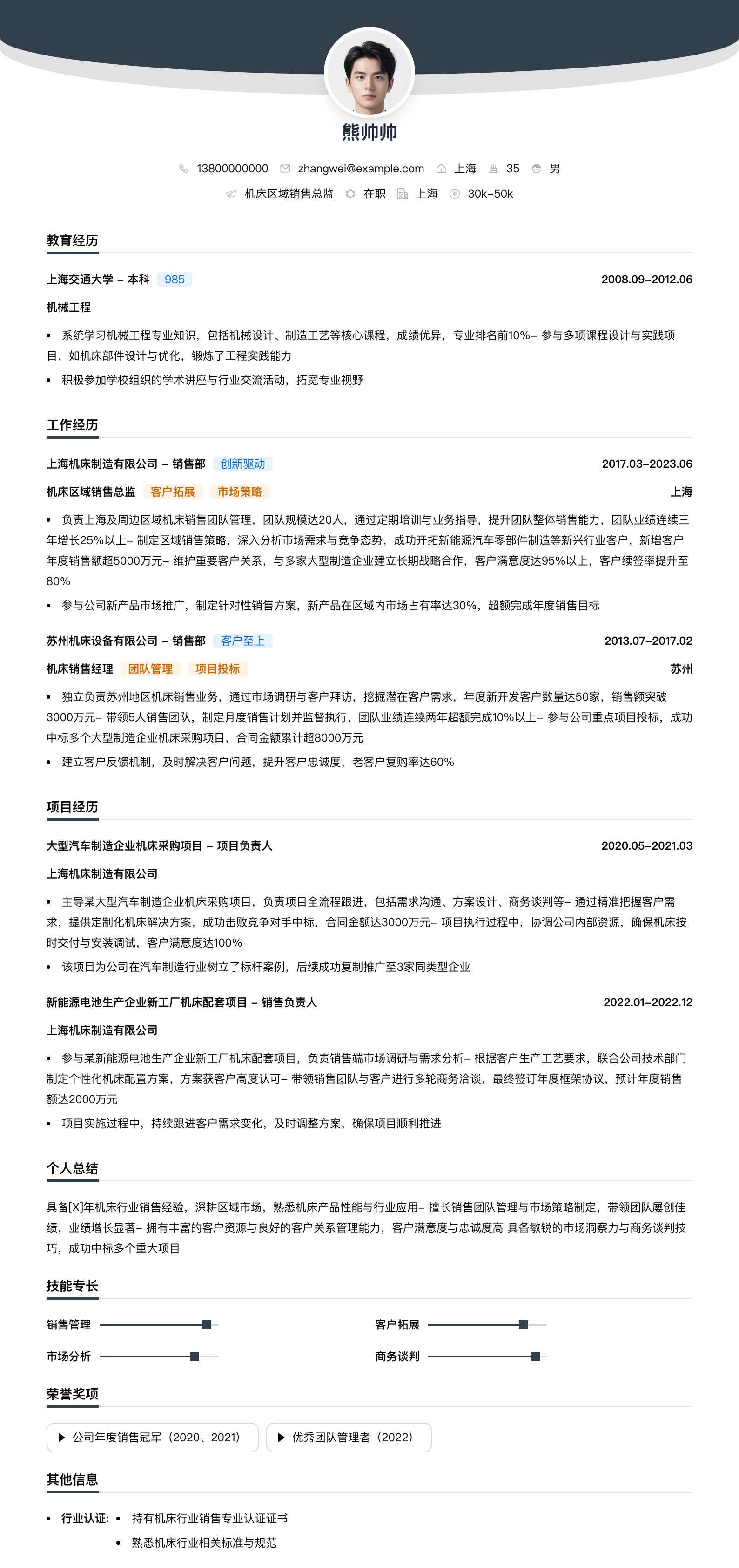 机床区域销售总监简历模板