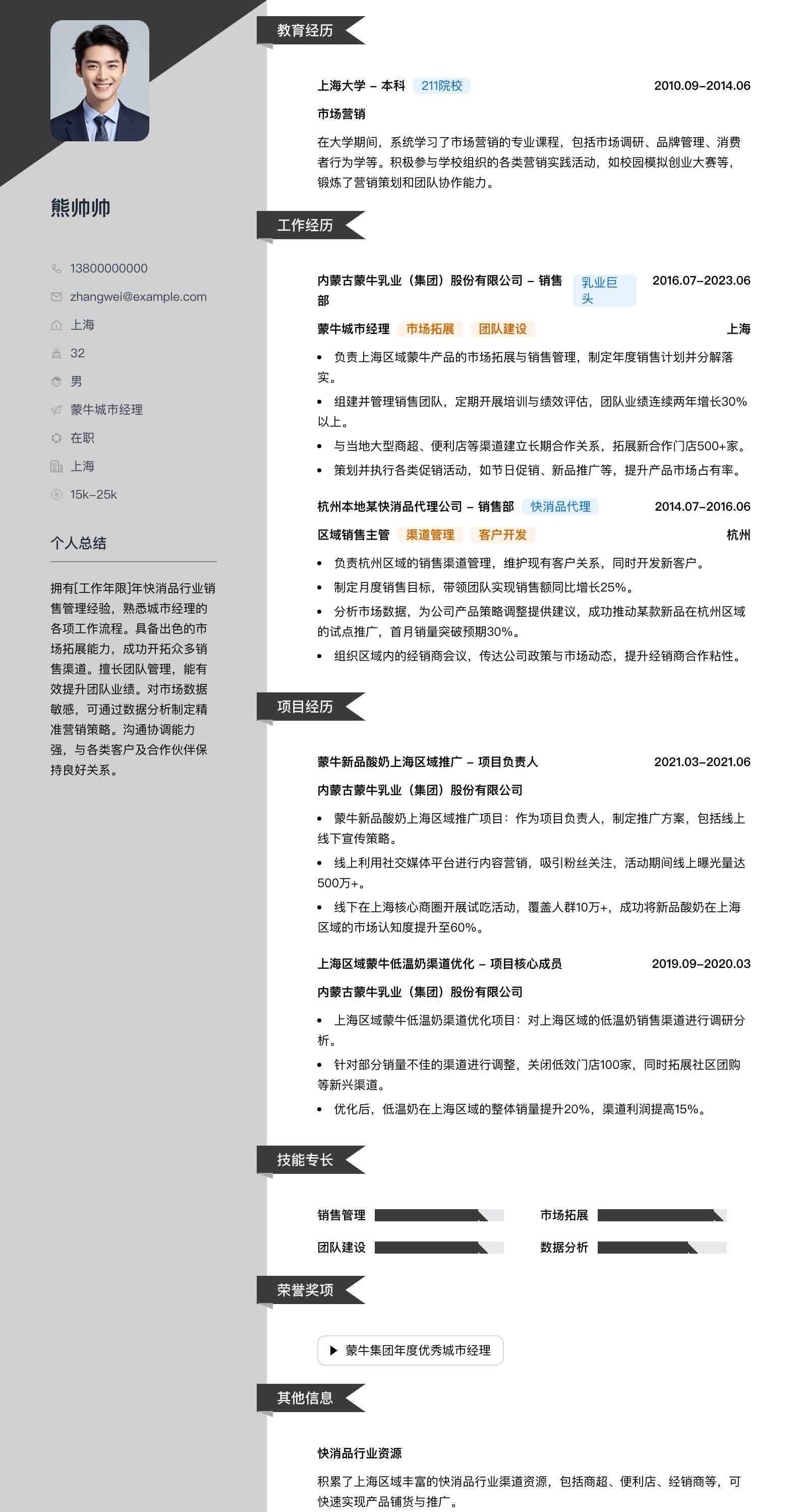 蒙牛城市经理简历模板