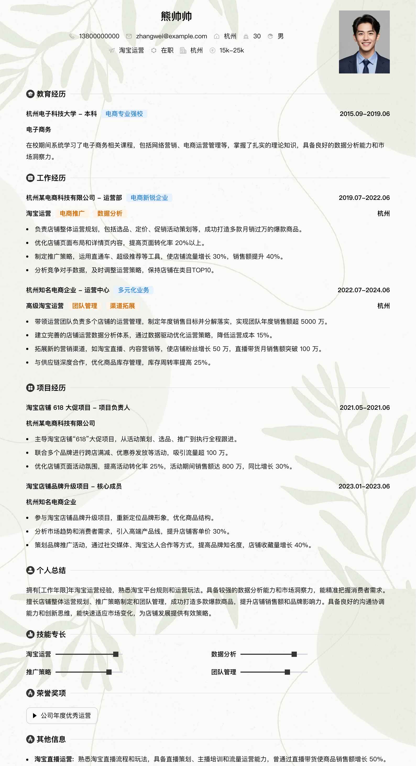 淘宝运营简历模板