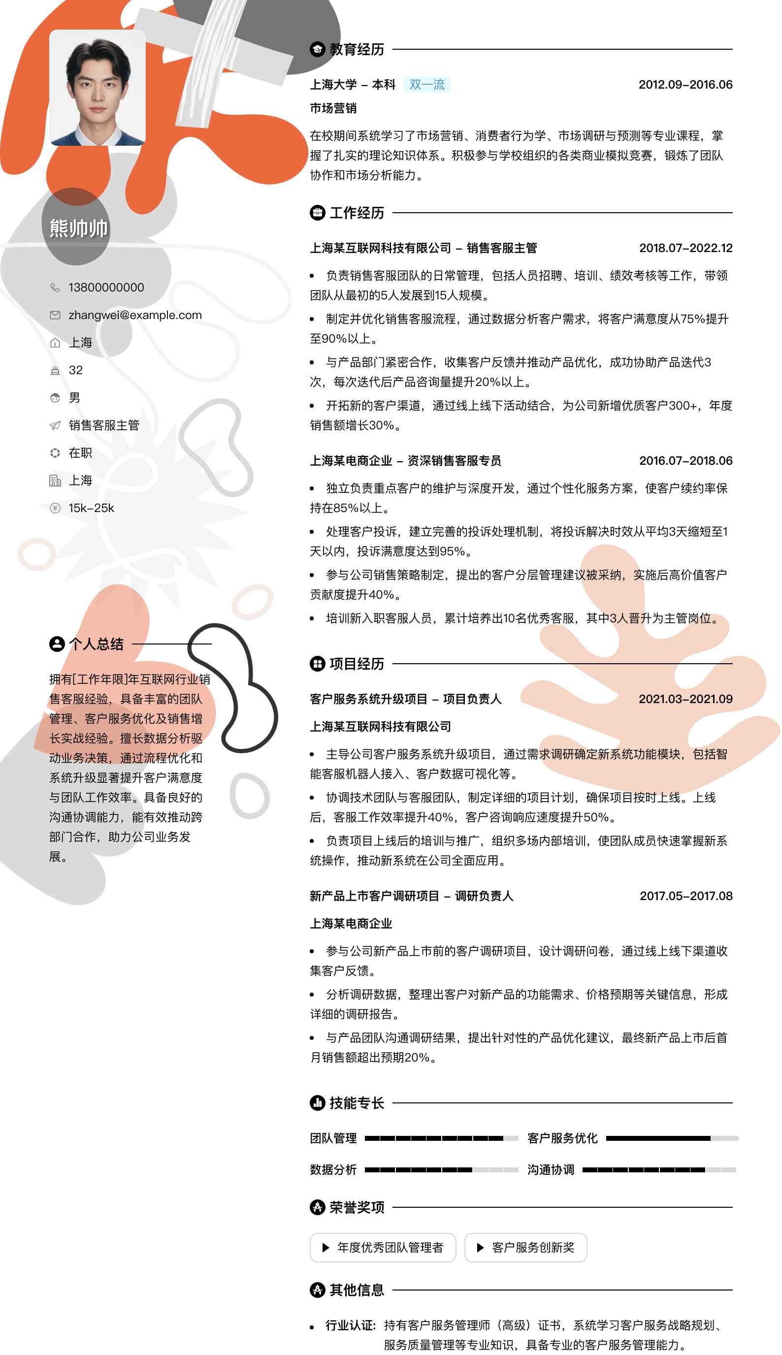 销售客服主管简历模板