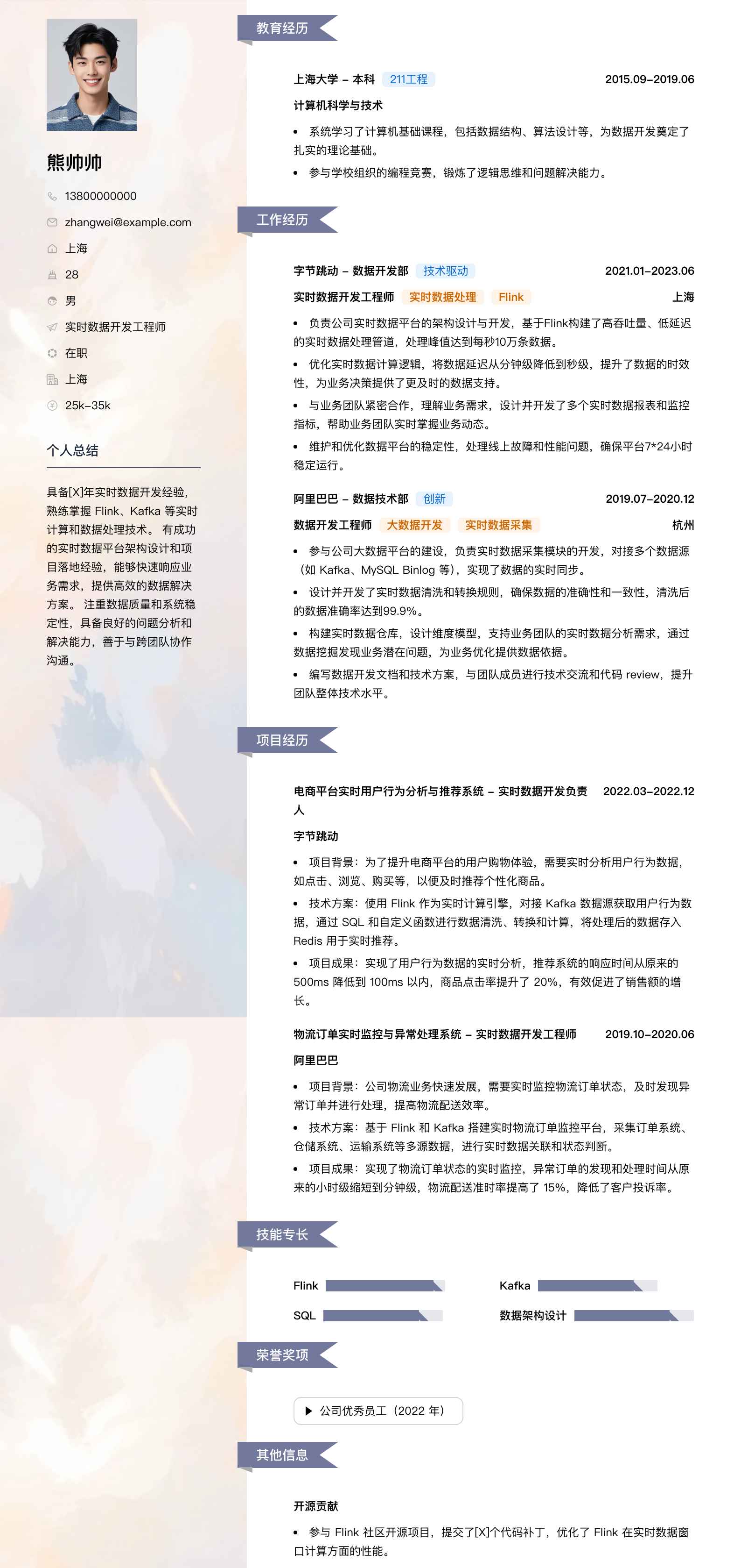 实时数据开发简历模板