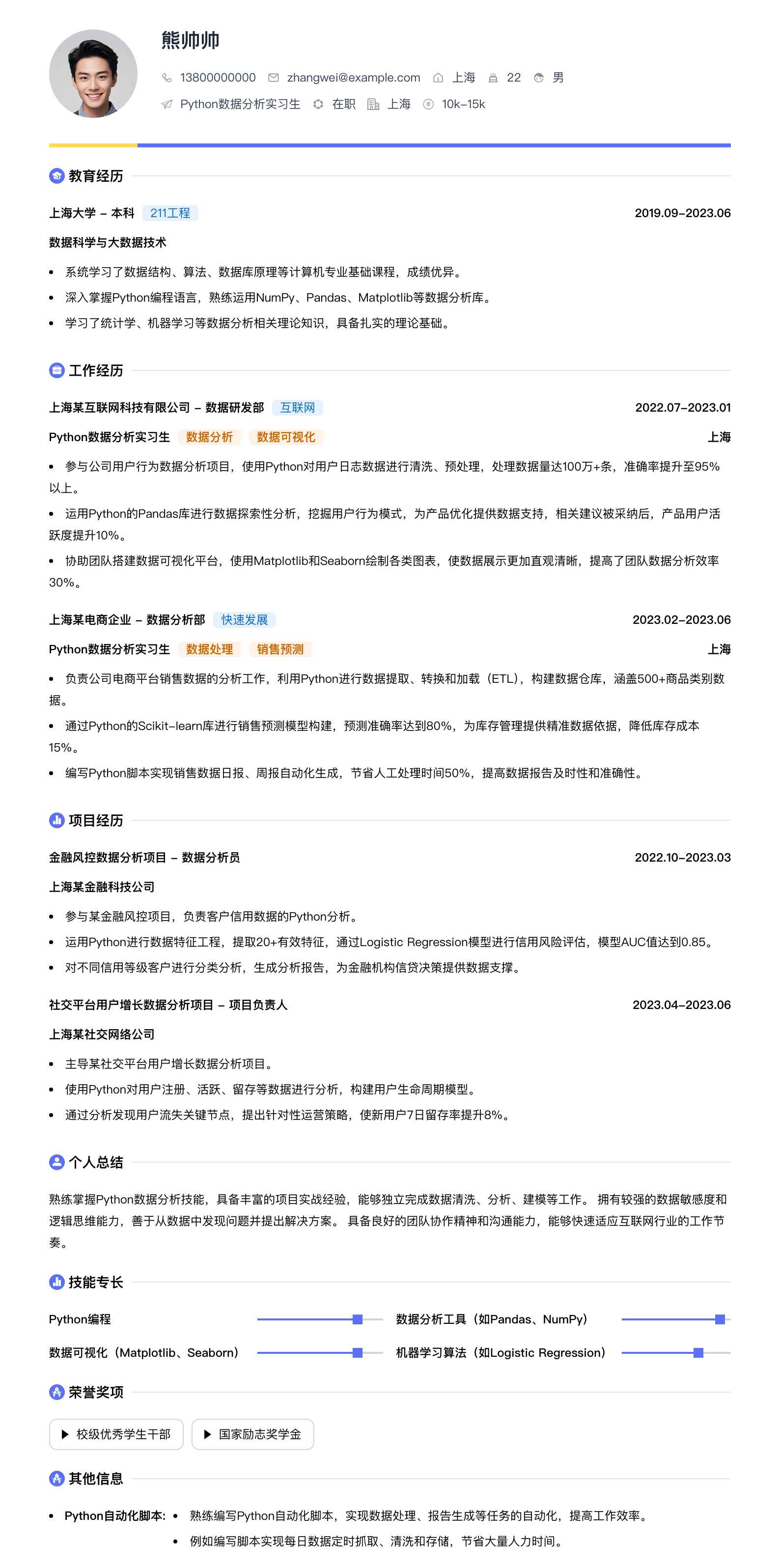 python数据分析实习生简历模板