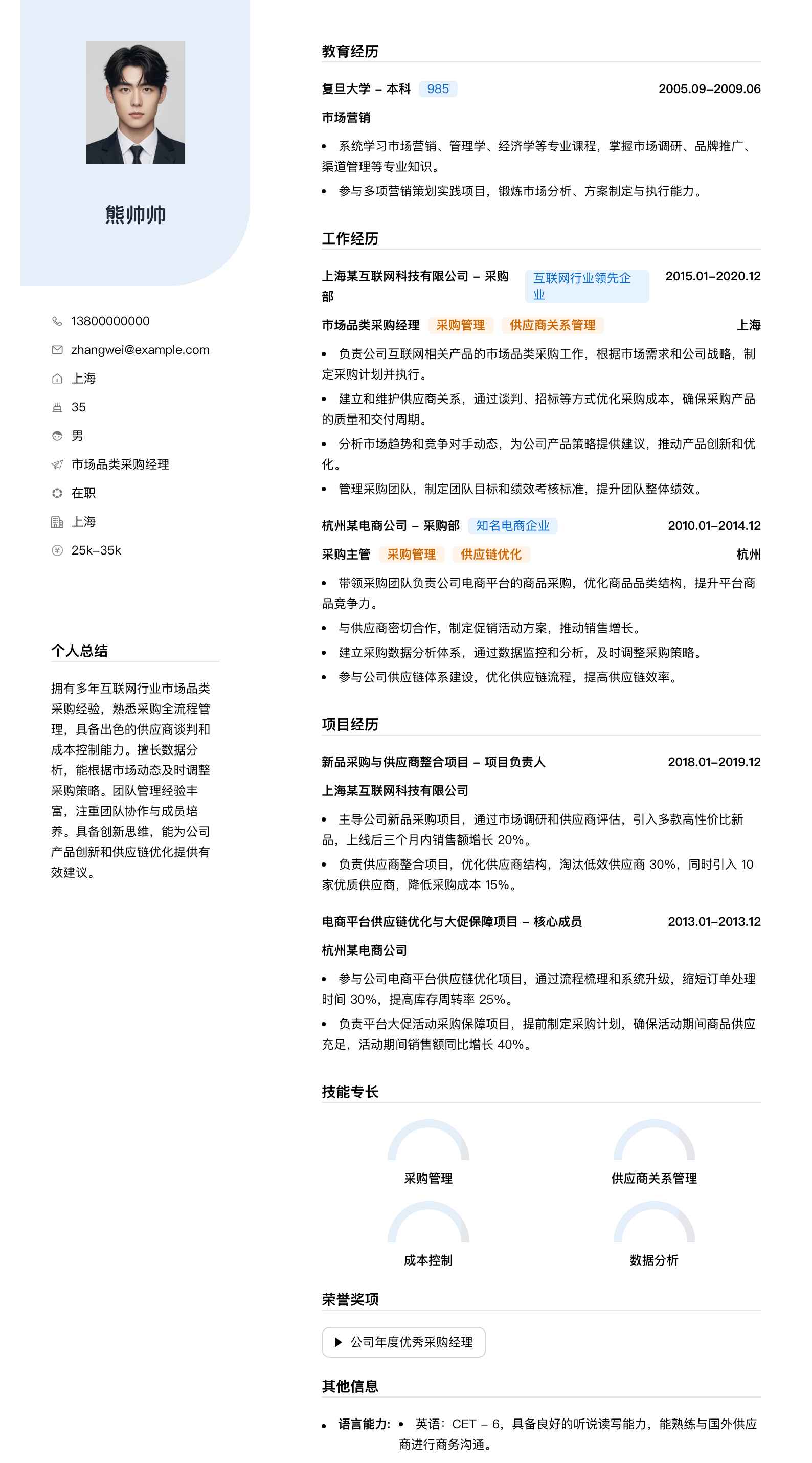 市场品类采购经理简历模板