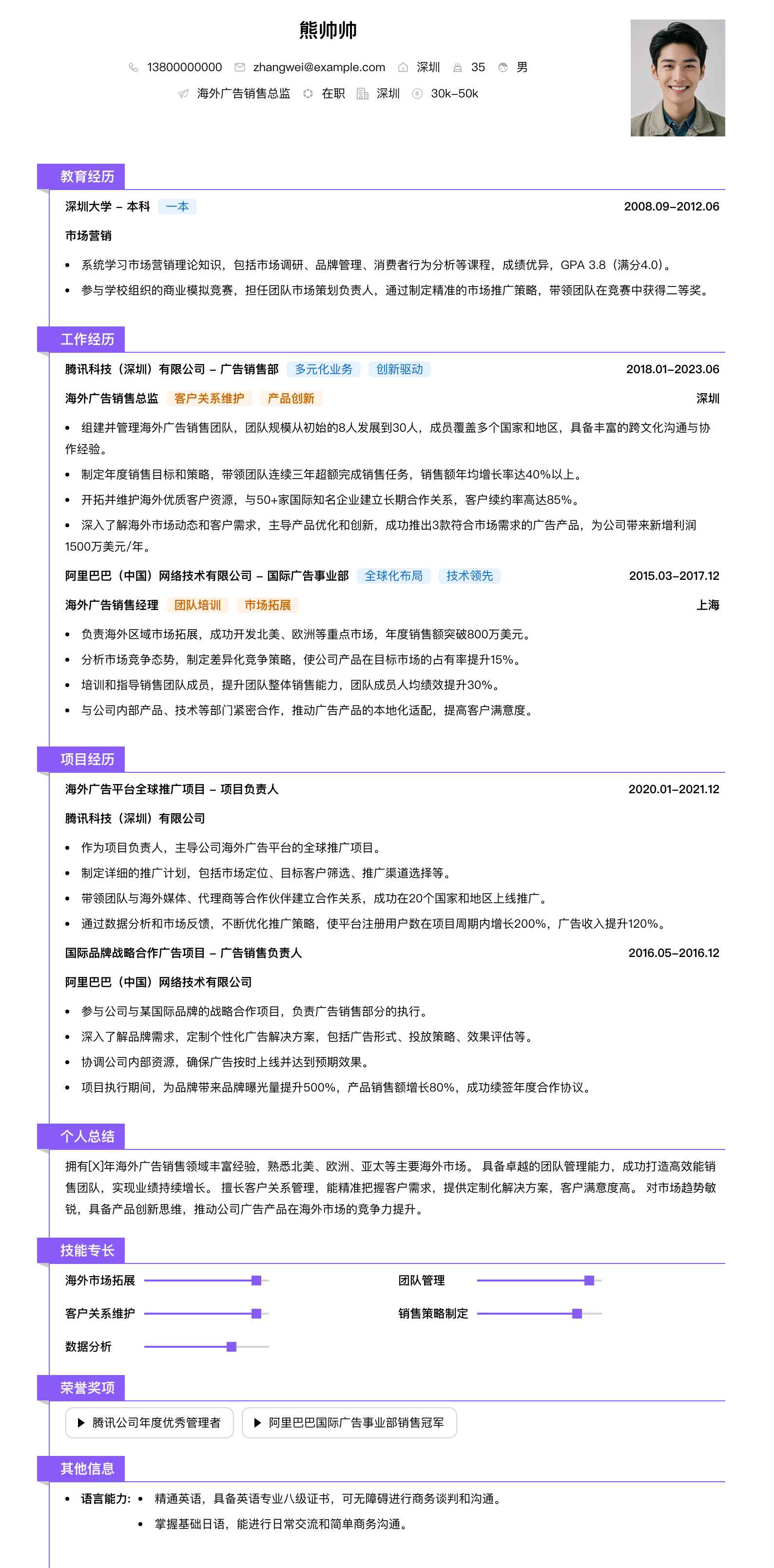 海外广告销售总监简历模板